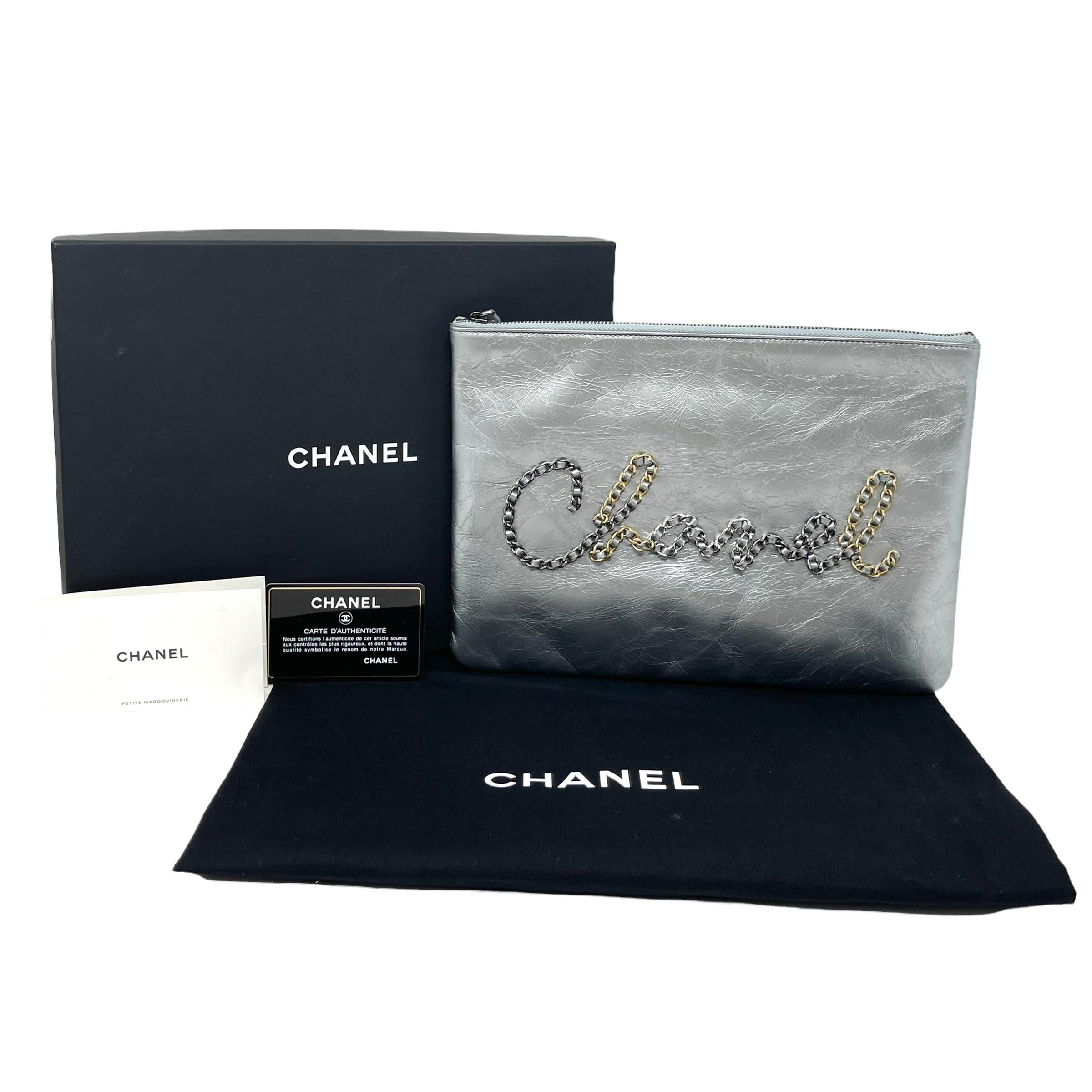 NEW Chanel Silver Chain Logo Leather Clutch Bag For Sale 9