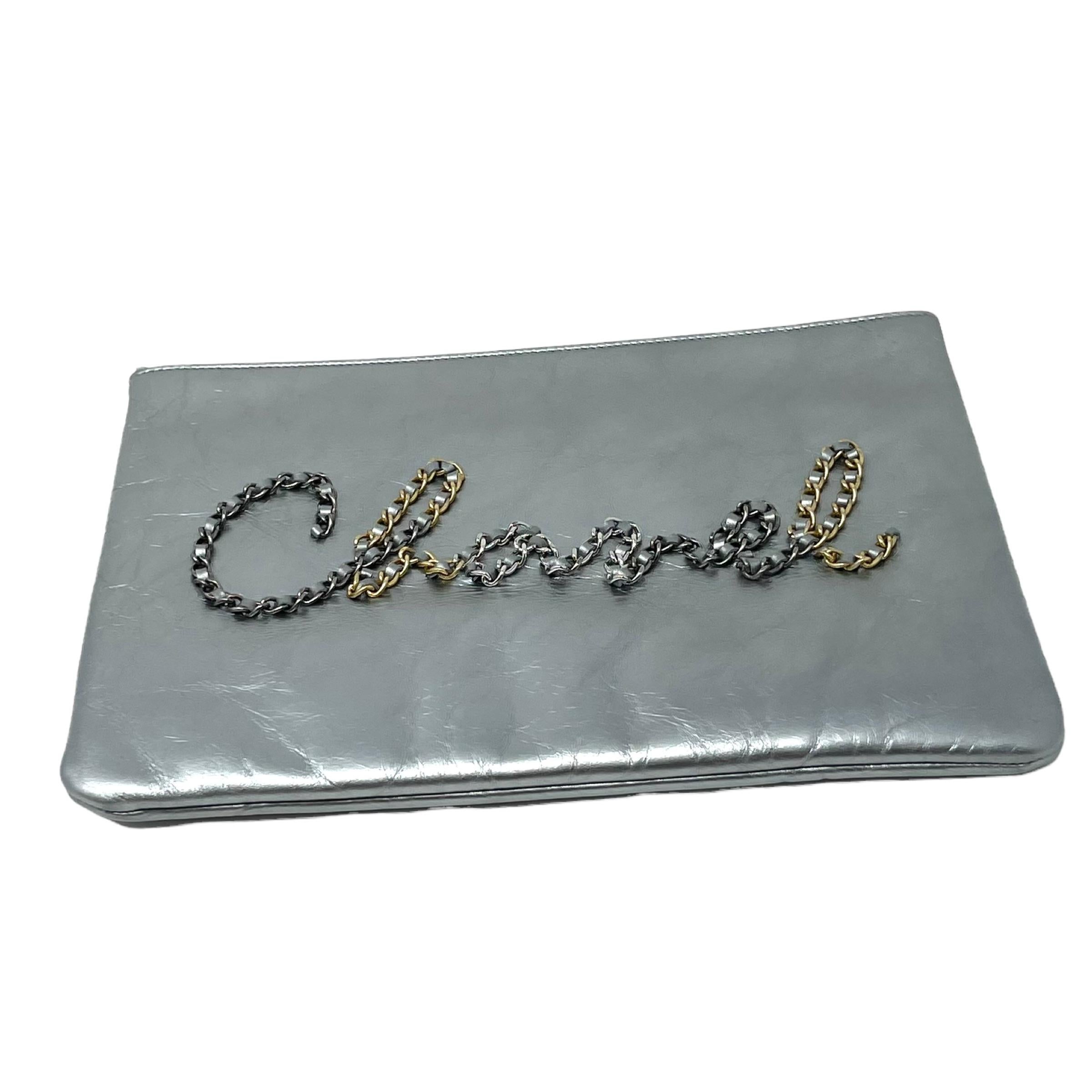 NEW Chanel Silver Chain Logo Leather Clutch Bag For Sale 2