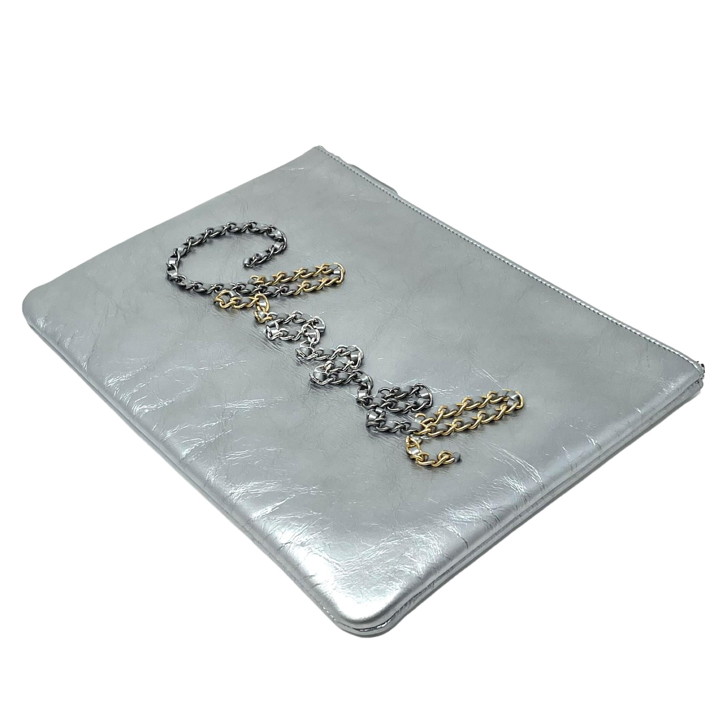 NEW Chanel Silver Chain Logo Leather Clutch Bag For Sale 3