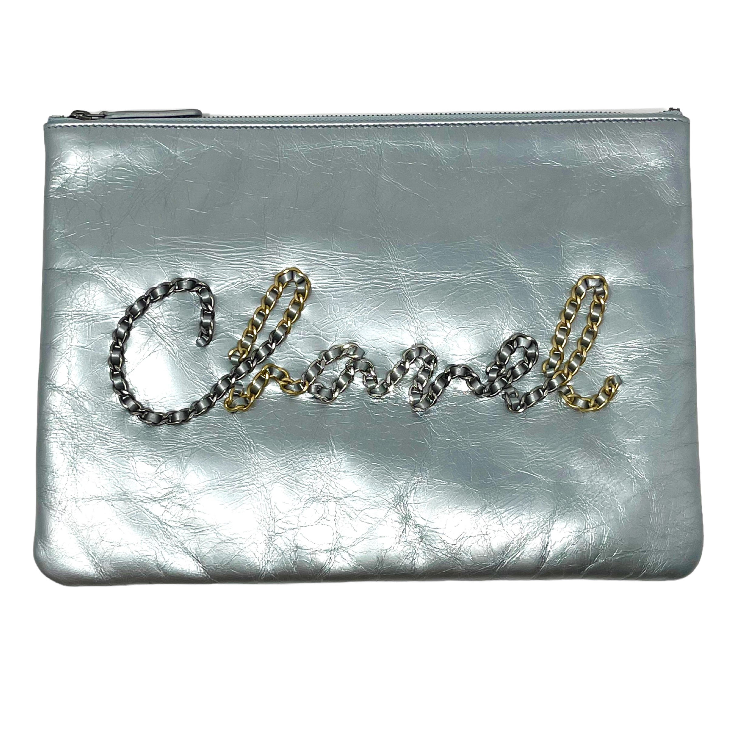 NEW Chanel Silver Chain Logo Leather Clutch Bag For Sale
