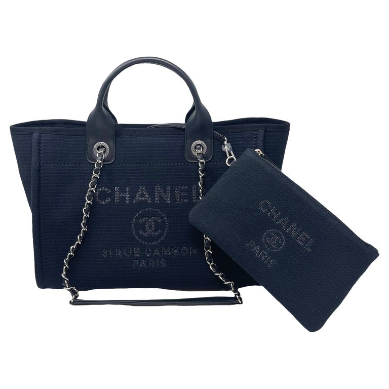 NEW Chanel Small Deauville Shopping Bag Black Boucle Silver