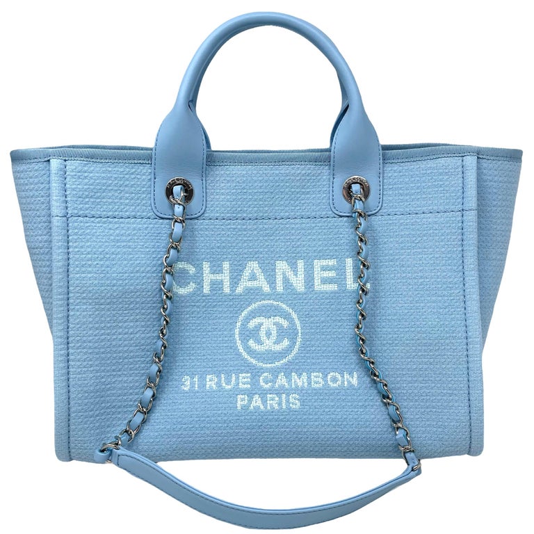 NEW Chanel Small Deauville Shopping Bag Blue Boucle Silver Hardware Tote Bag  For Sale at 1stDibs