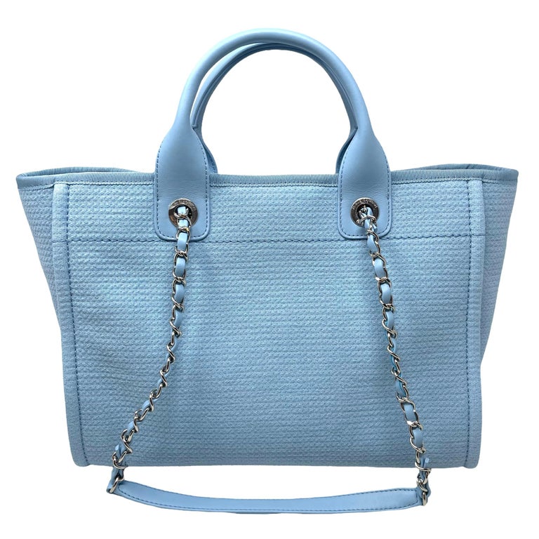 NEW Chanel Small Deauville Shopping Bag Blue Boucle Silver Hardware Tote Bag  For Sale at 1stDibs