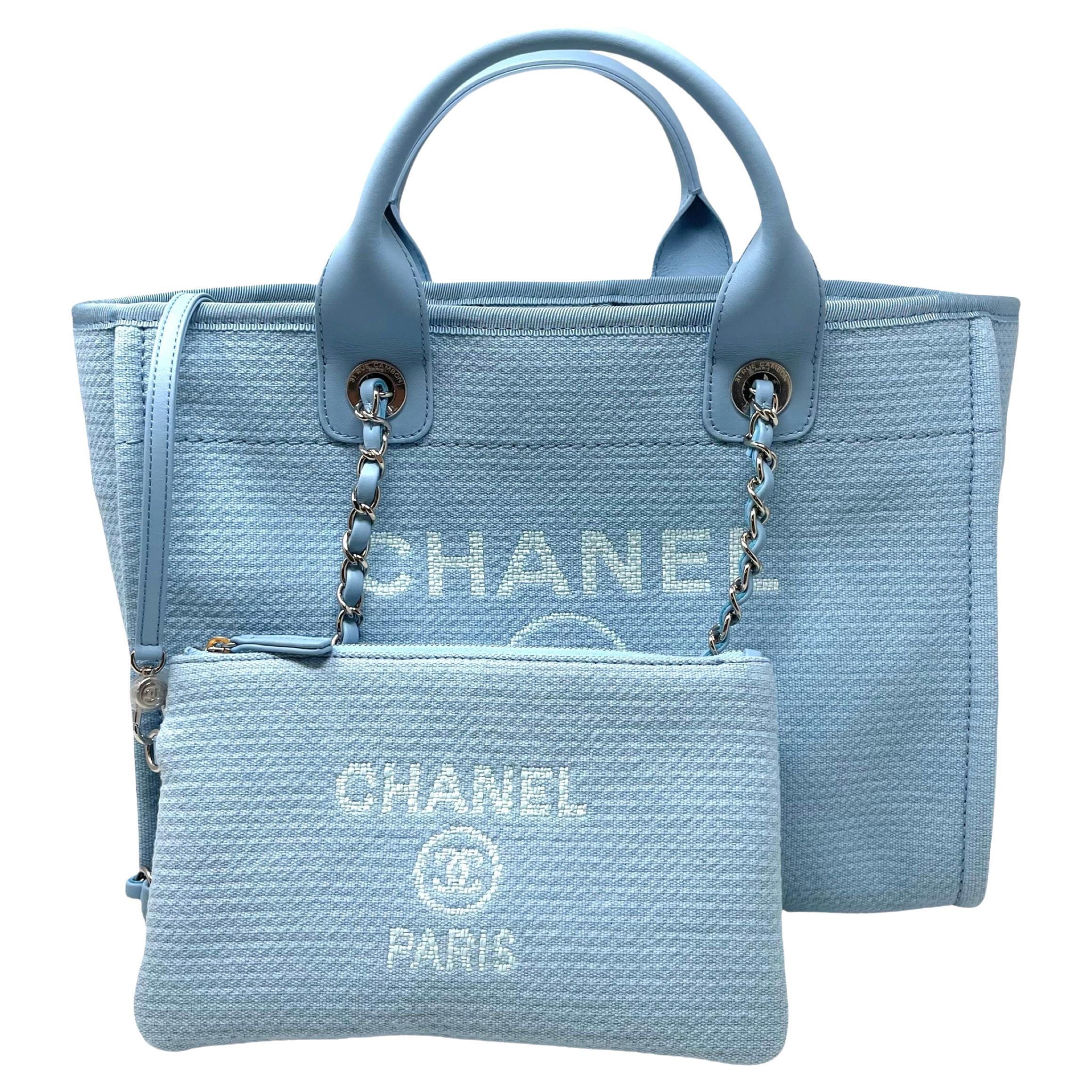 NEW Chanel Small Deauville Shopping Bag Blue Boucle Silver Hardware Tote Bag