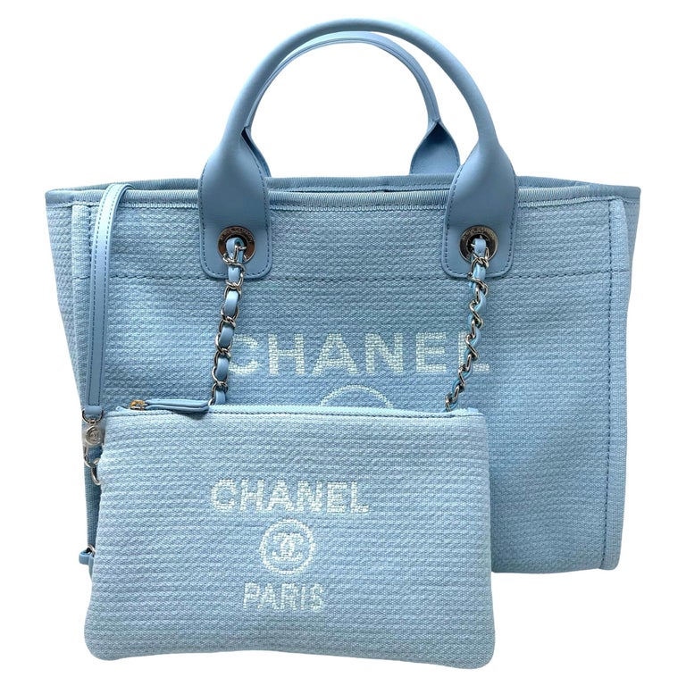 NEW Chanel Small Deauville Shopping Bag Blue Boucle Silver