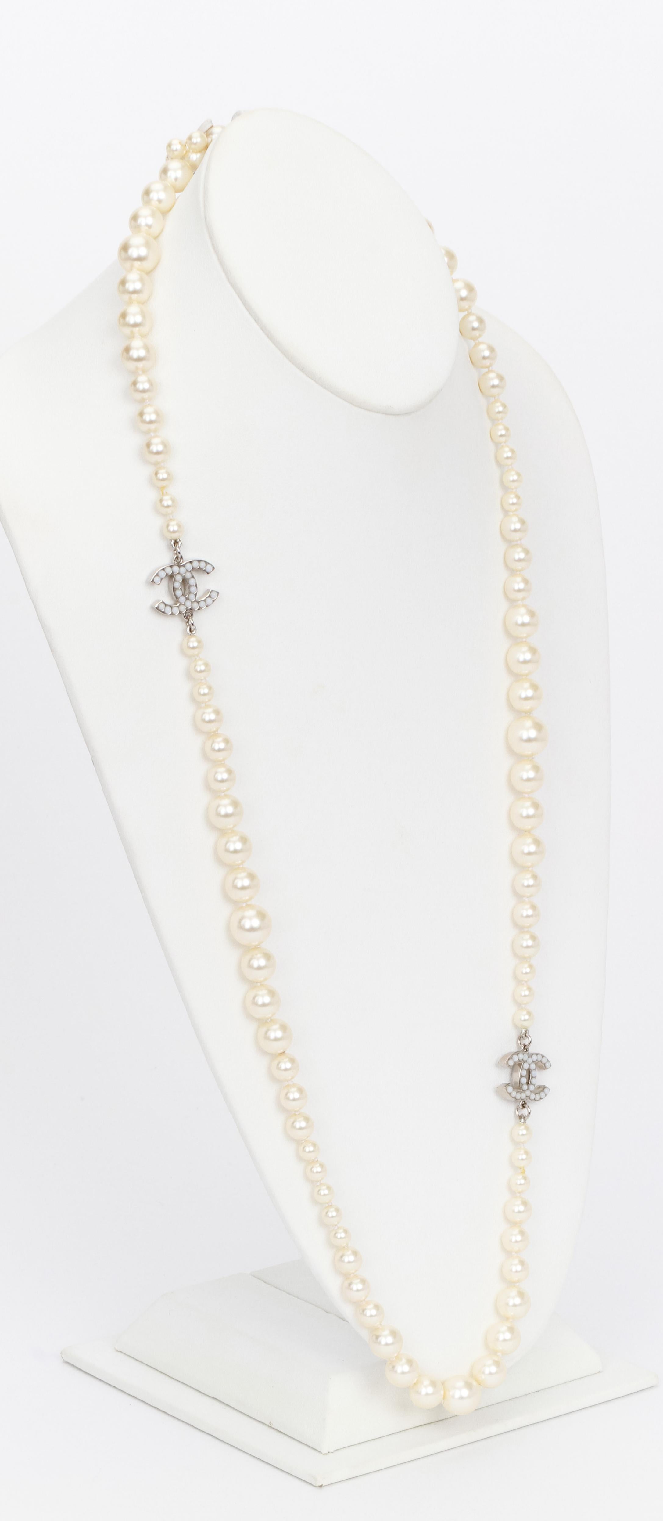 New Chanel Spring 2012 Long Pearl Strand Necklace with CC Rhinestone  In New Condition In West Hollywood, CA
