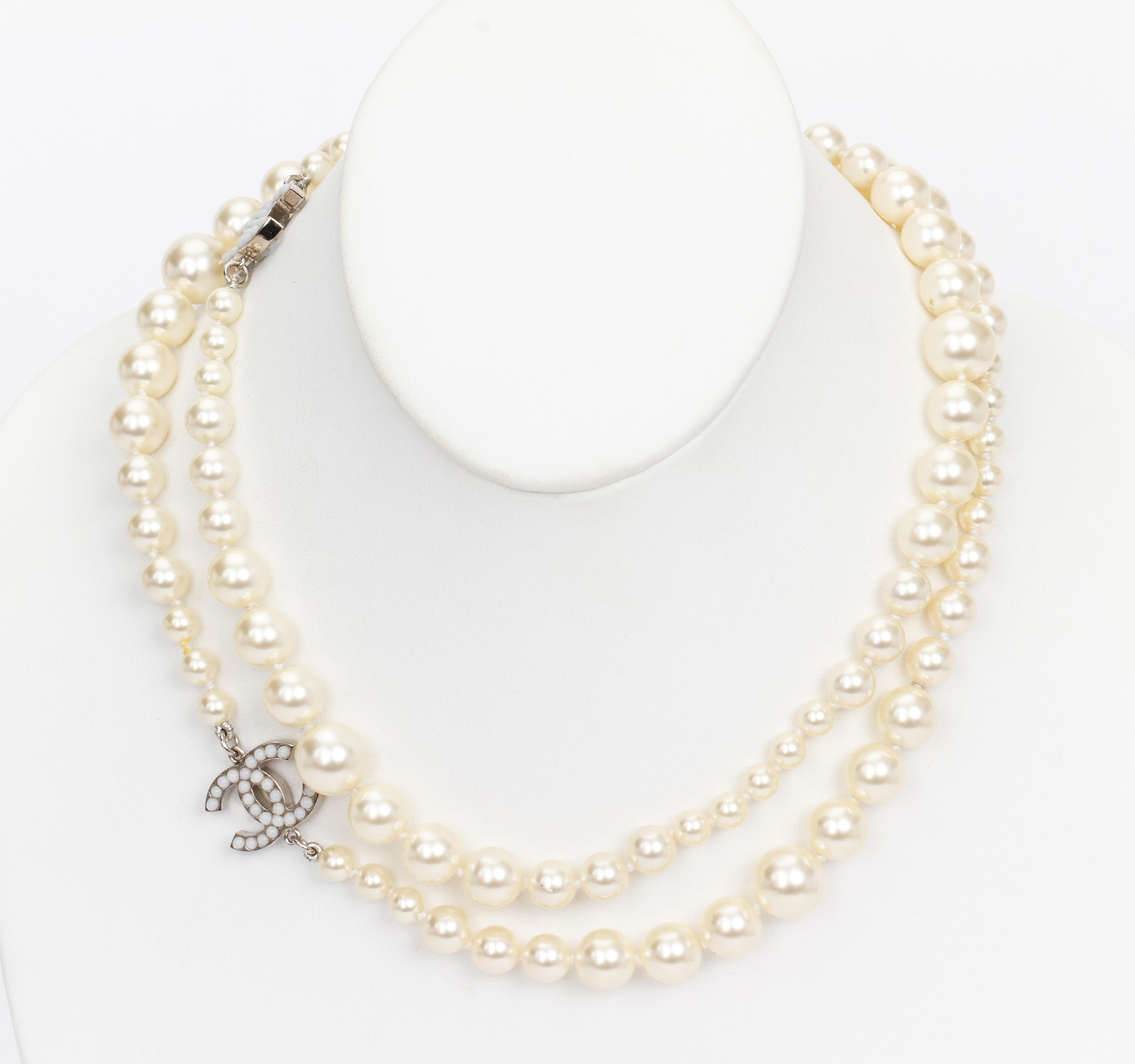 Women's New Chanel Spring 2012 Long Pearl Strand Necklace with CC Rhinestone 