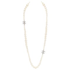 New Chanel Spring 2012 Long Pearl Strand Necklace with CC Rhinestone