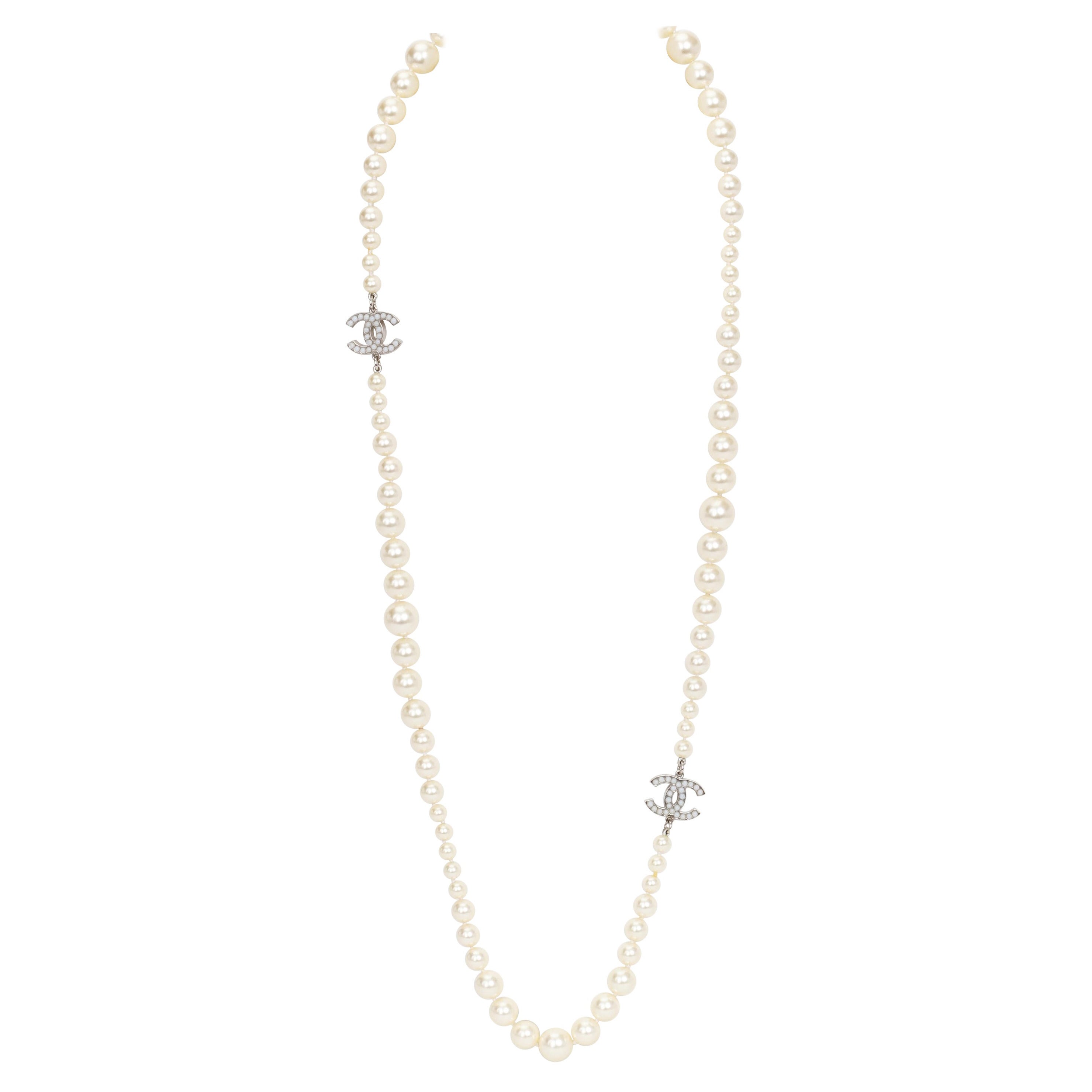 New Chanel Spring 2012 Long Pearl Strand Necklace with CC Rhinestone