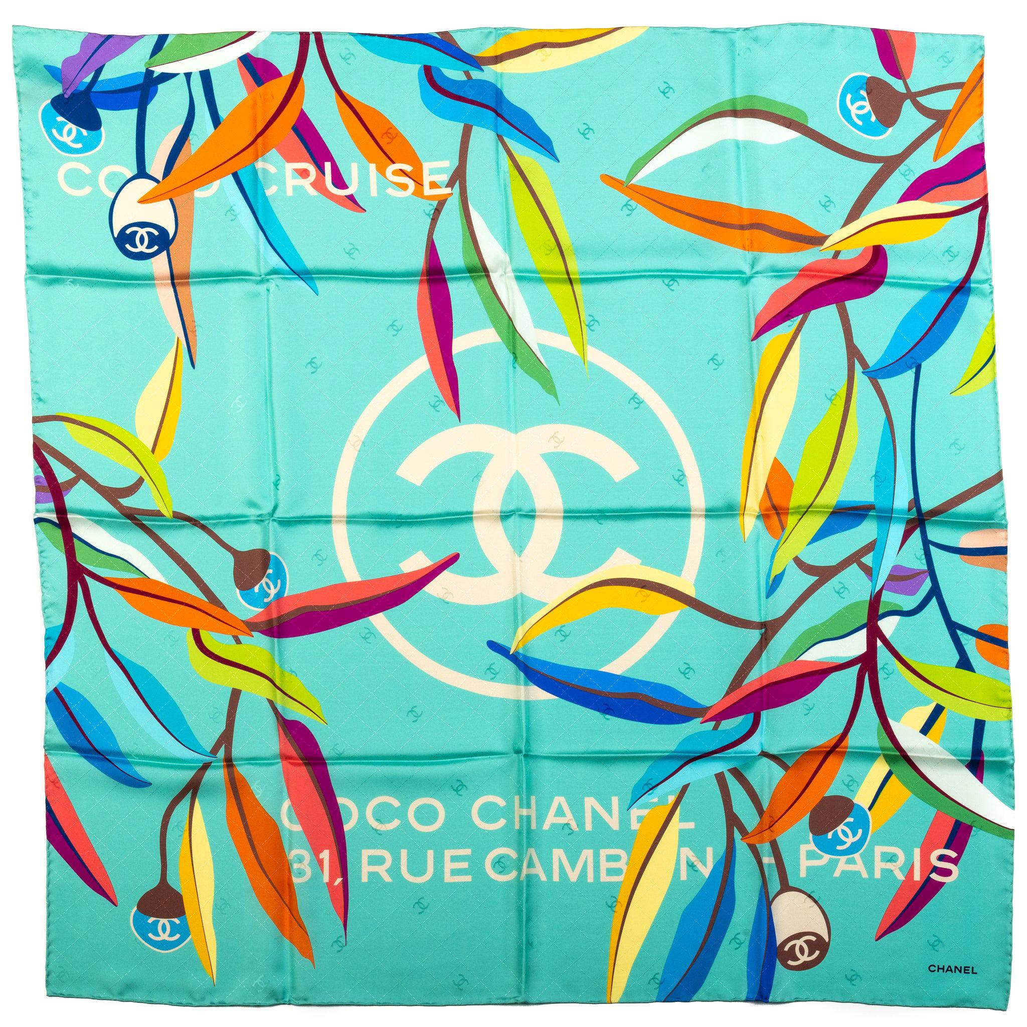 New Chanel Teal Logo Leaves Silk Scarves