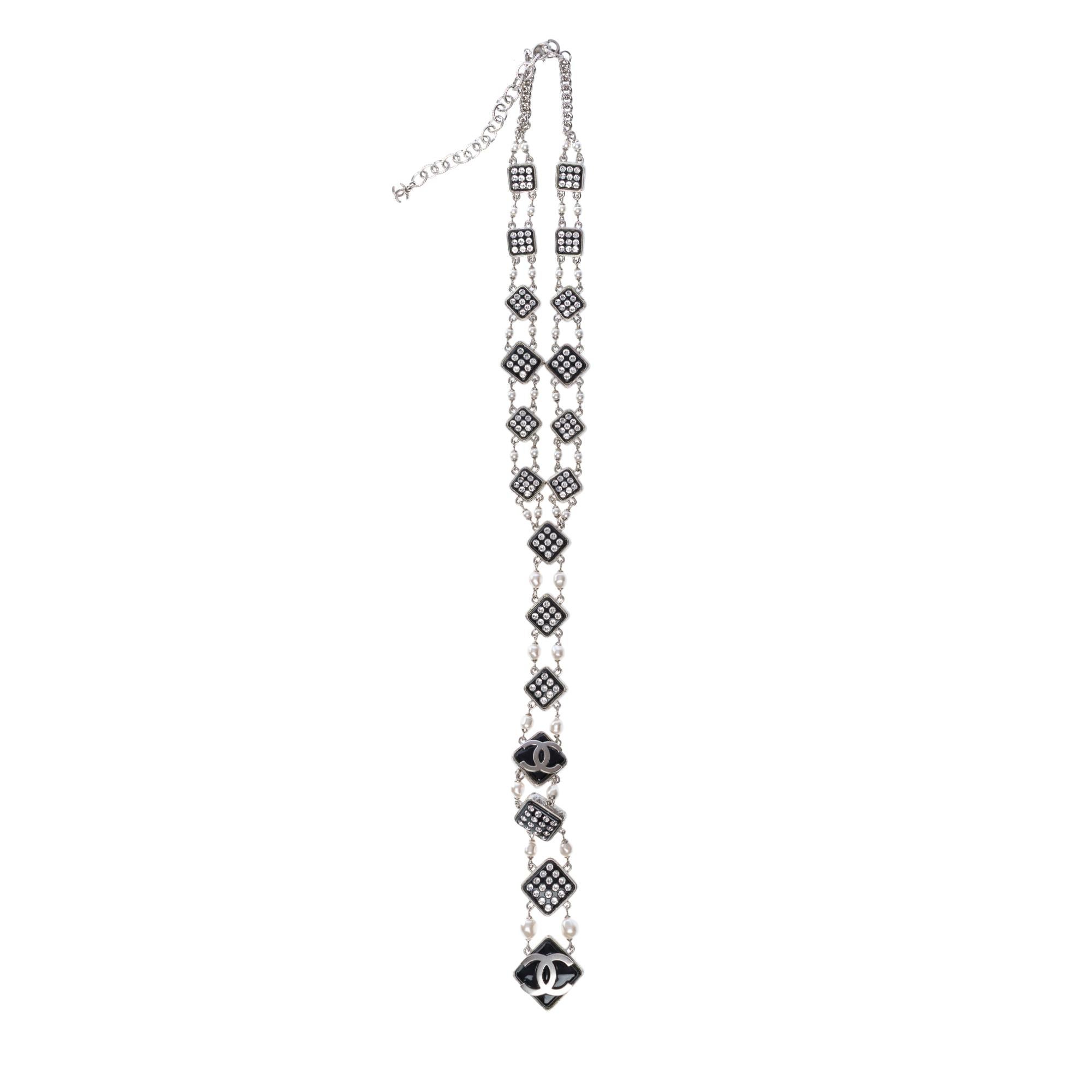 Contemporary New Chanel Tie Necklace with rhinestone and pearl details For Sale