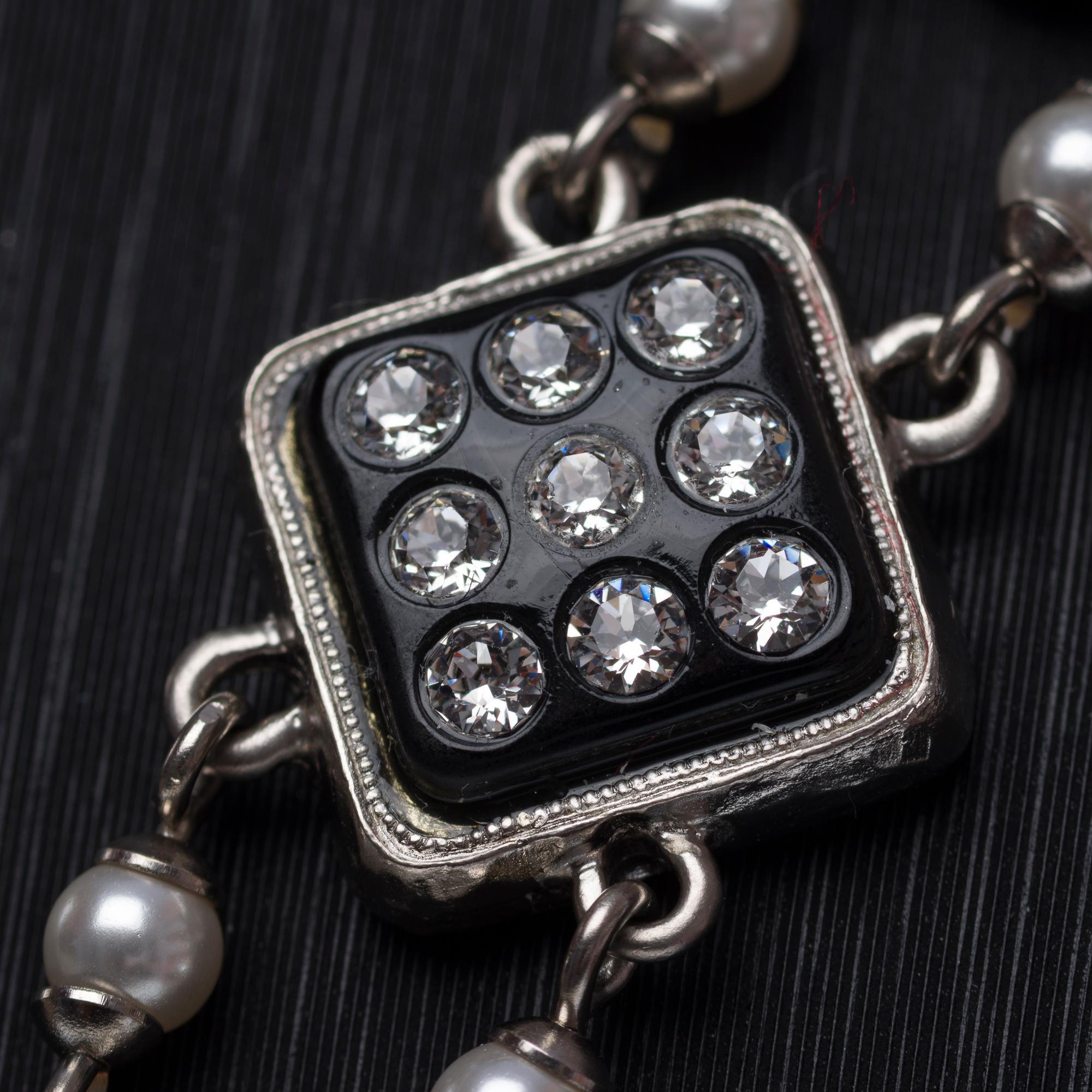 Women's New Chanel Tie Necklace with rhinestone and pearl details For Sale