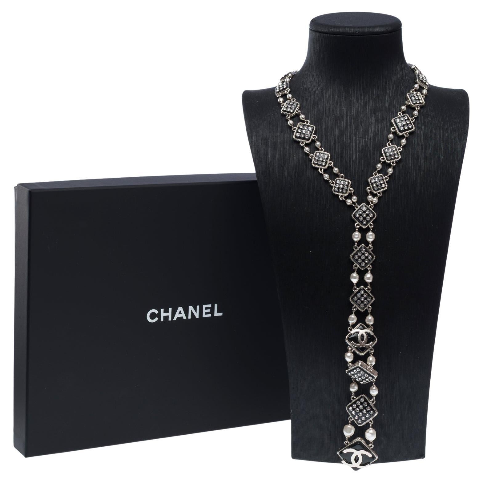 New Chanel Tie Necklace with rhinestone and pearl details For Sale