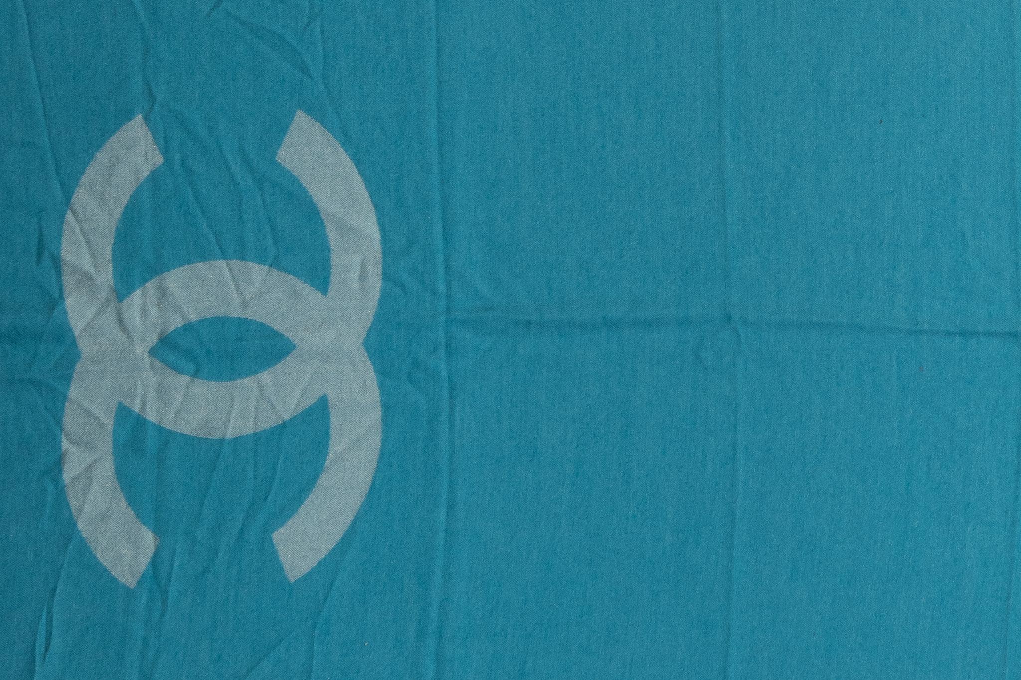 Blue New Chanel Turquoise Cashmere Logo Shawl For Sale