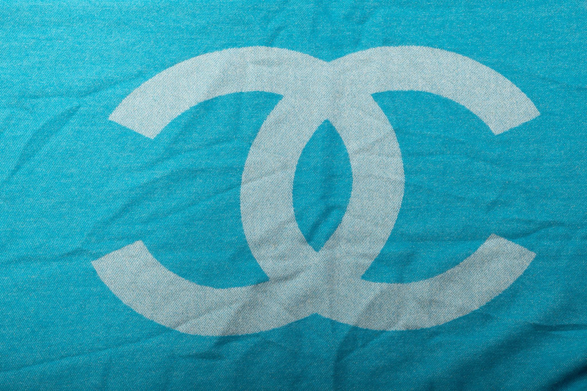 Women's New Chanel Turquoise Cashmere Logo Shawl For Sale