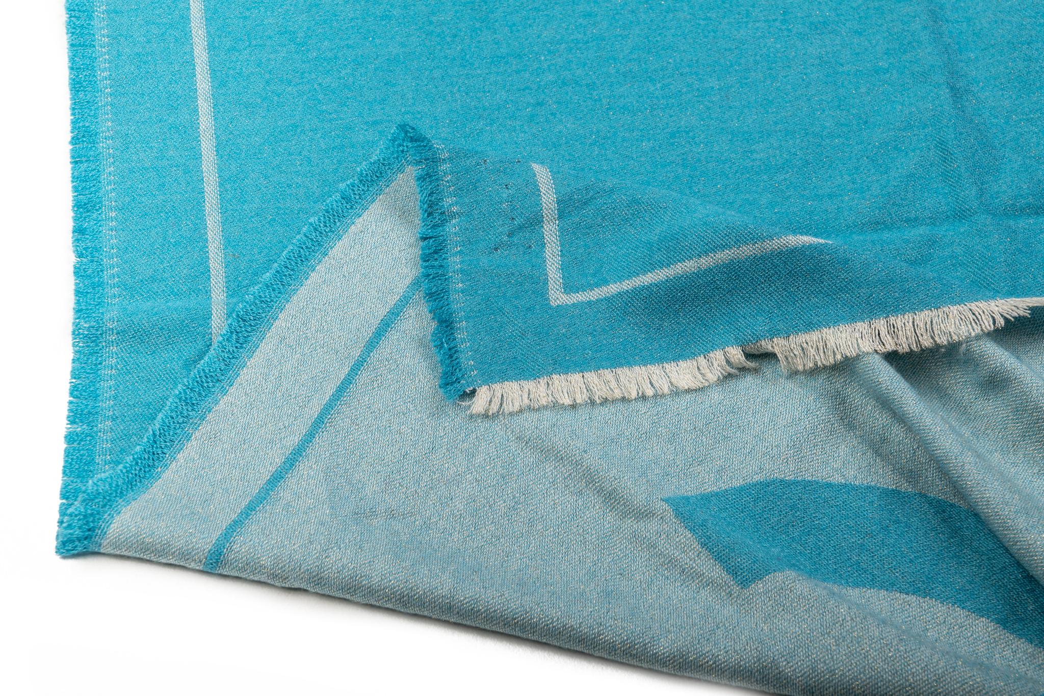 New Chanel Turquoise Cashmere Logo Shawl For Sale 2