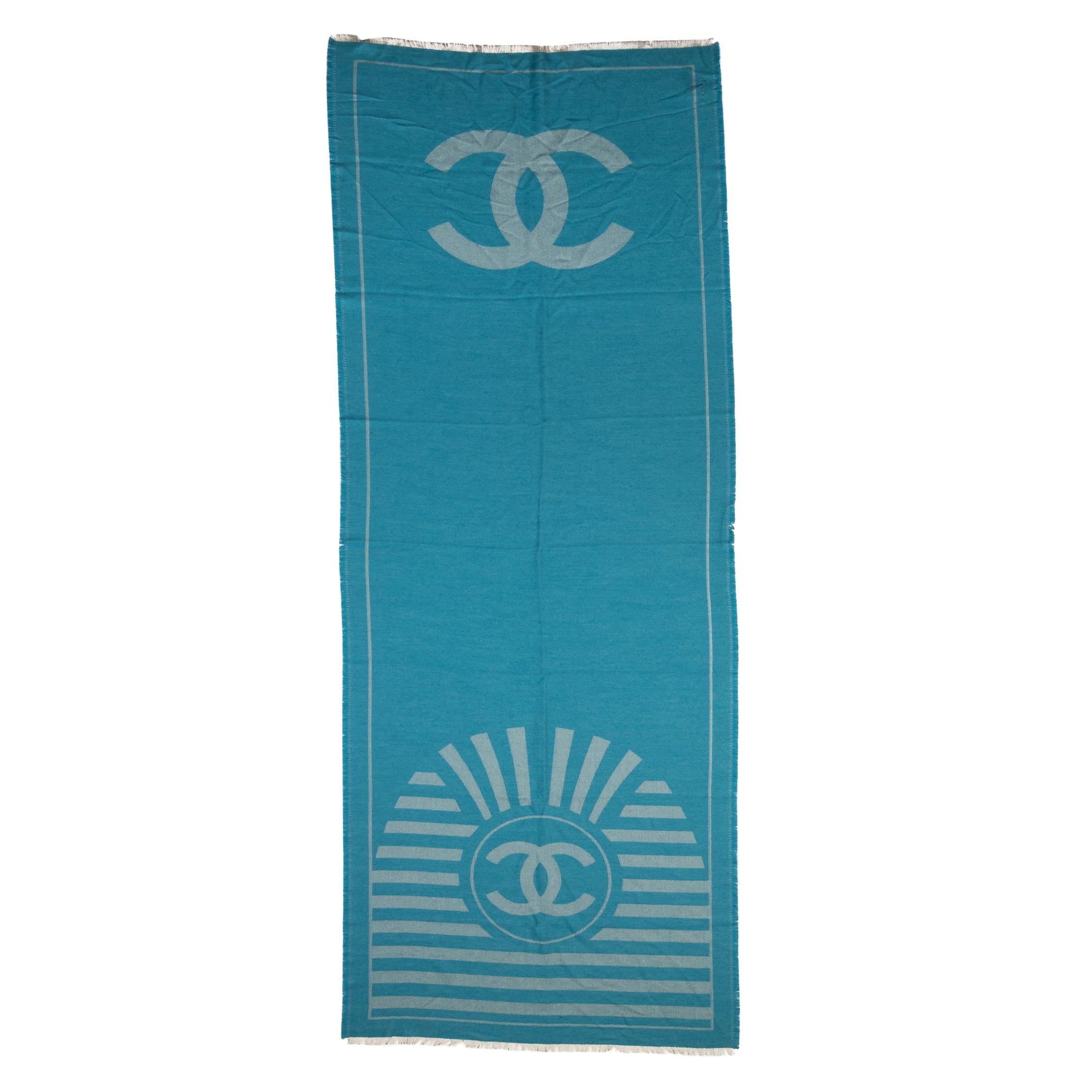 New Chanel Turquoise Cashmere Logo Shawl For Sale
