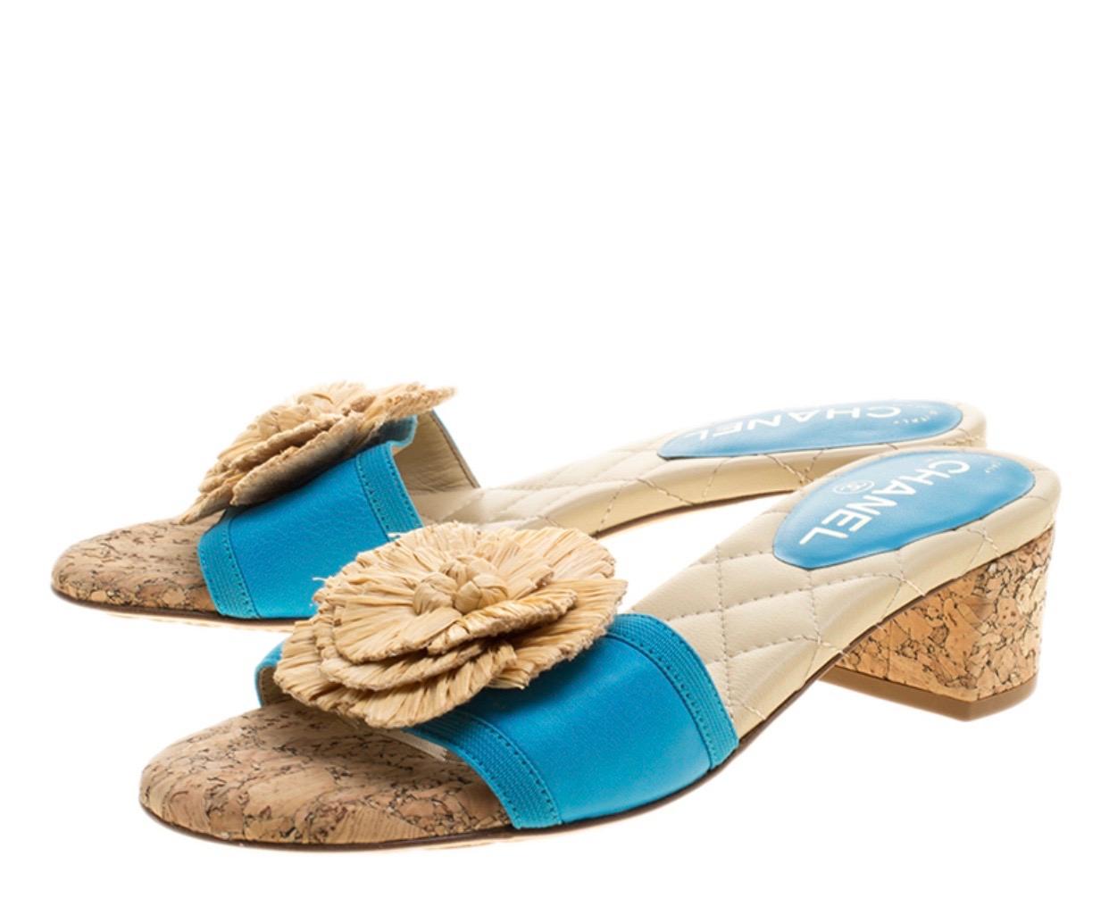 Beige NEW Chanel Turquoise Cork Camellia Straw Details Slide Sandals Heels CC Logo 37 For Sale