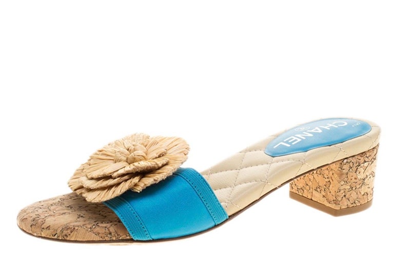 NEW Chanel Turquoise Cork Camellia Straw Details Slide Sandals Heels CC  Logo 37 For Sale at 1stDibs