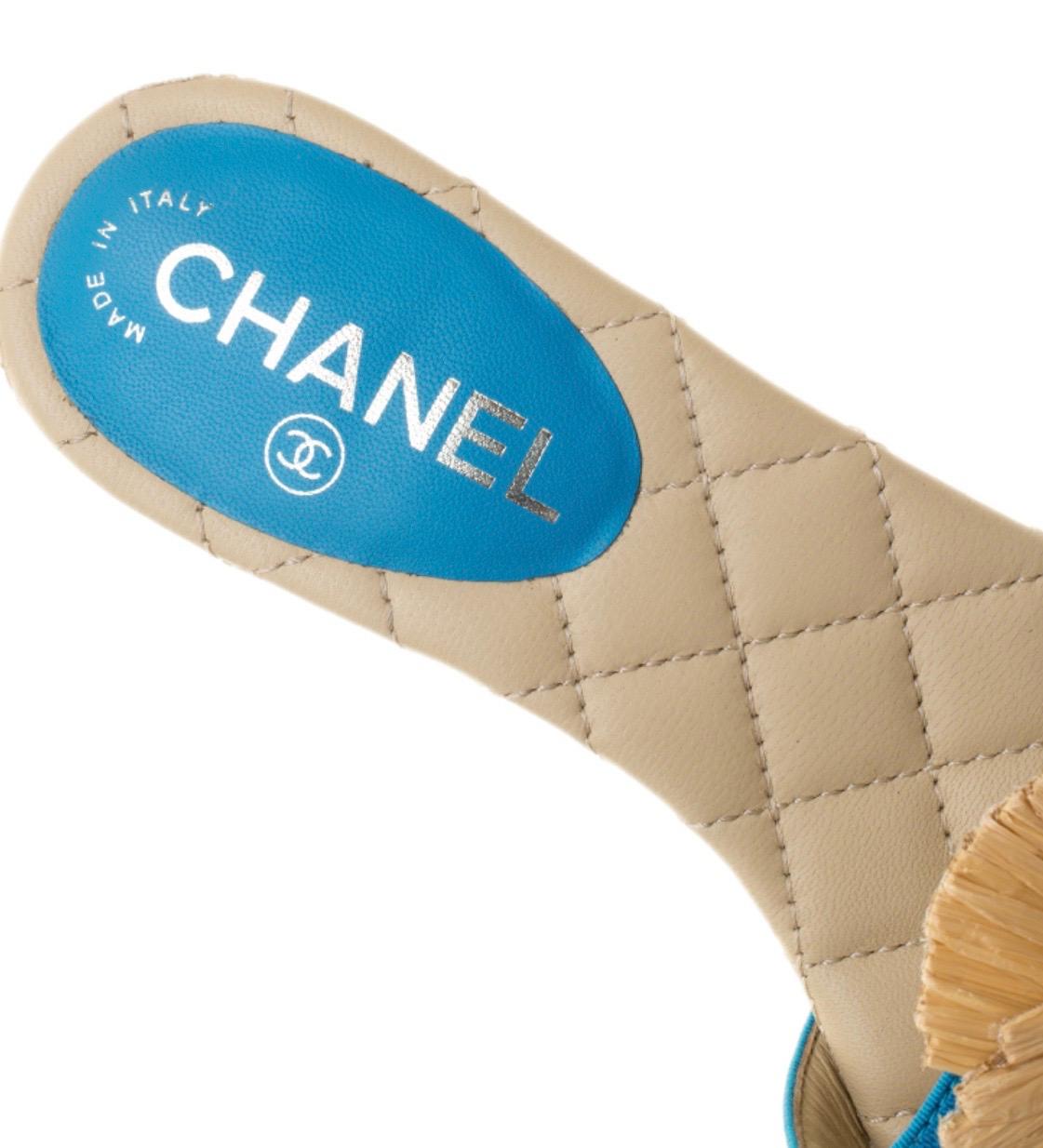 NEW Chanel Turquoise Cork Camellia Straw Details Slide Sandals Heels CC Logo 37 For Sale 3