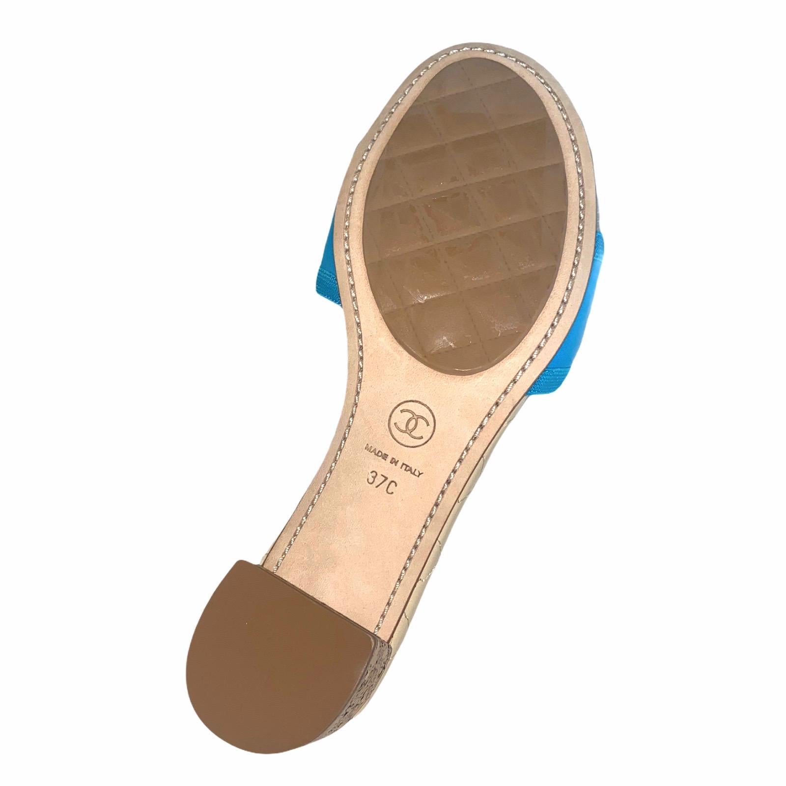 NEW Chanel Turquoise Cork Camellia Straw Details Slide Sandals Heels CC Logo 37 For Sale 4