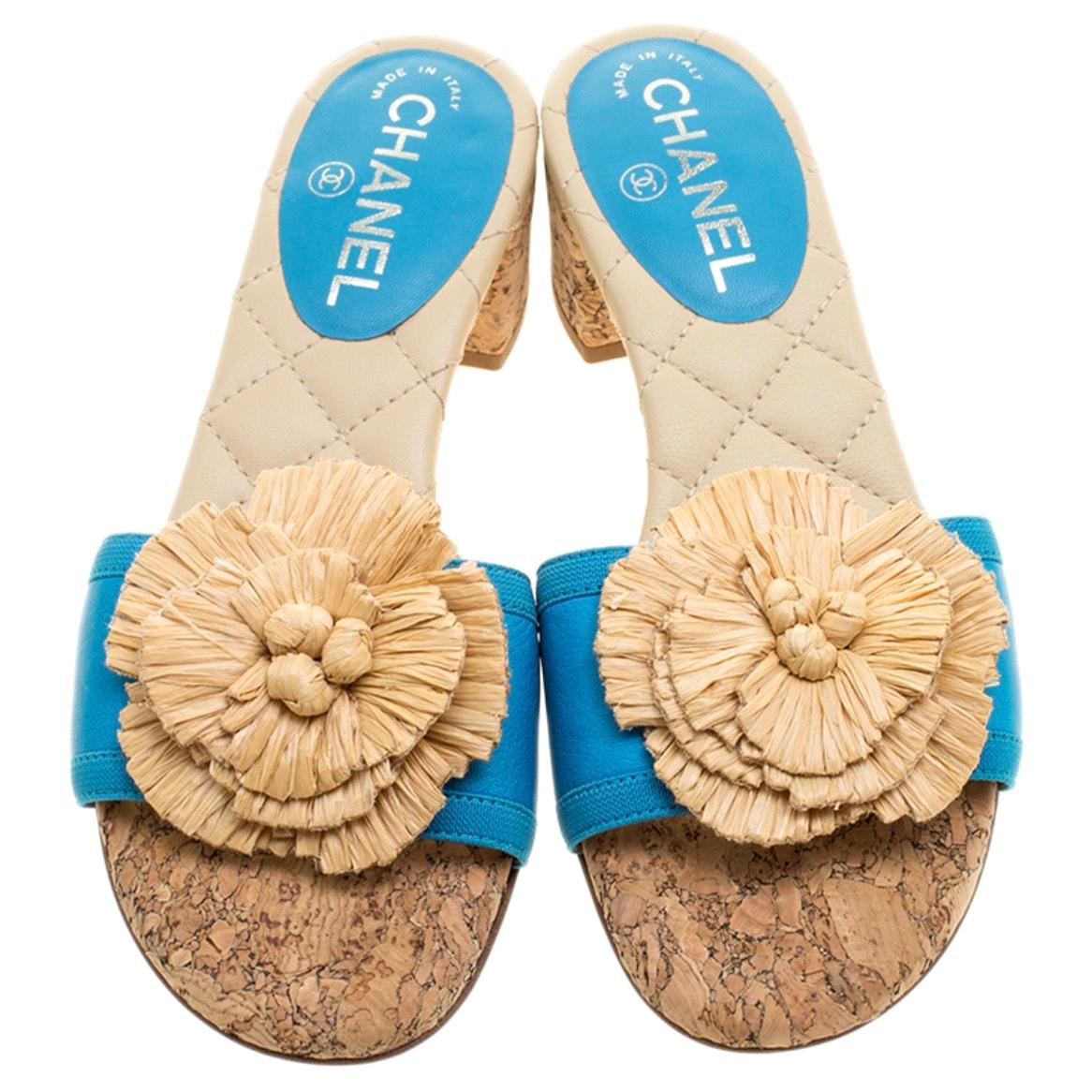 Chanel Turquoise Blue Gold CC Cork Straw Flower Sandals Mules Slides 39.5  /9.5