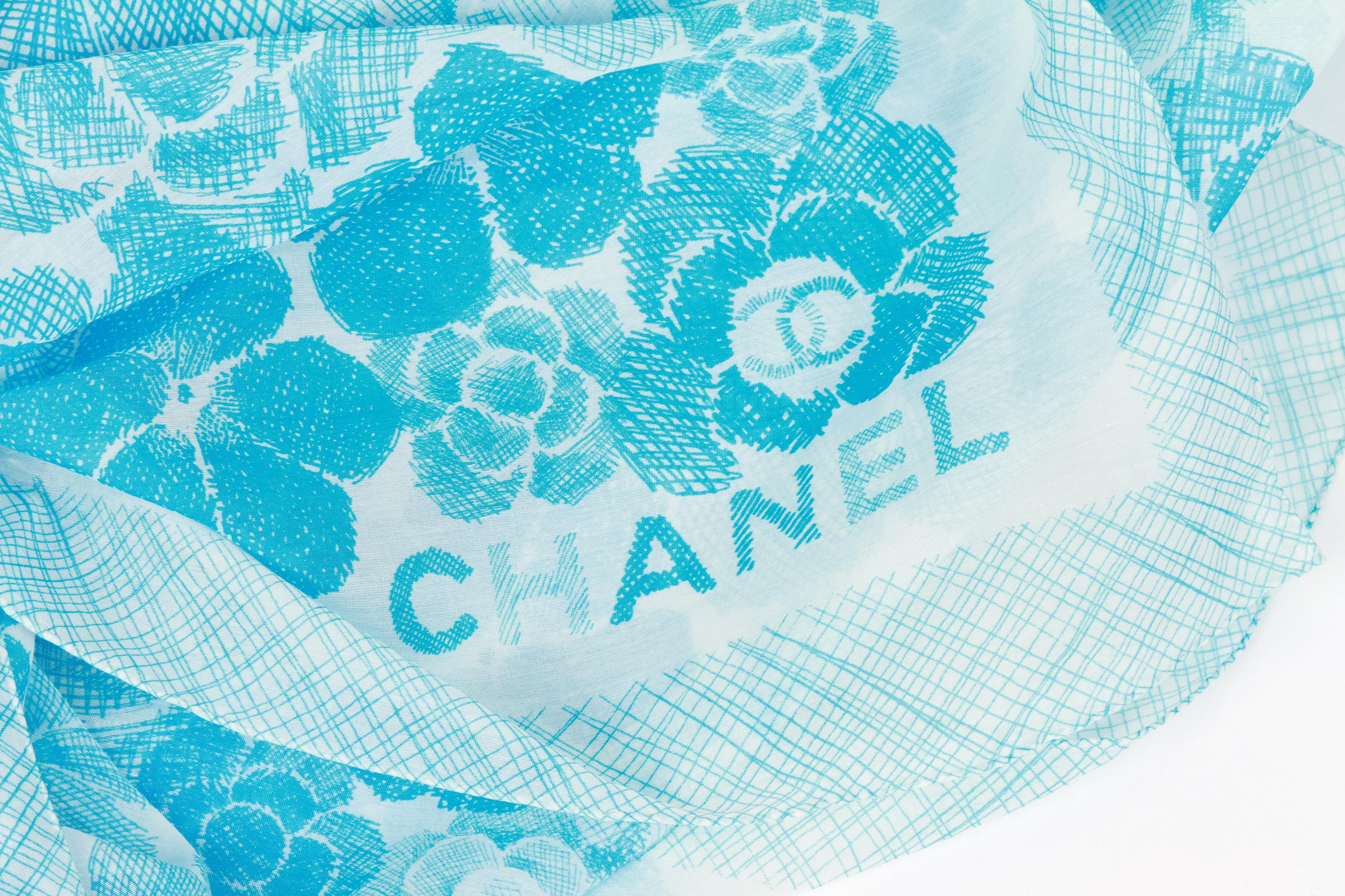 Blue New Chanel Turquoise Cotton Silk Logo Shawl Scarf