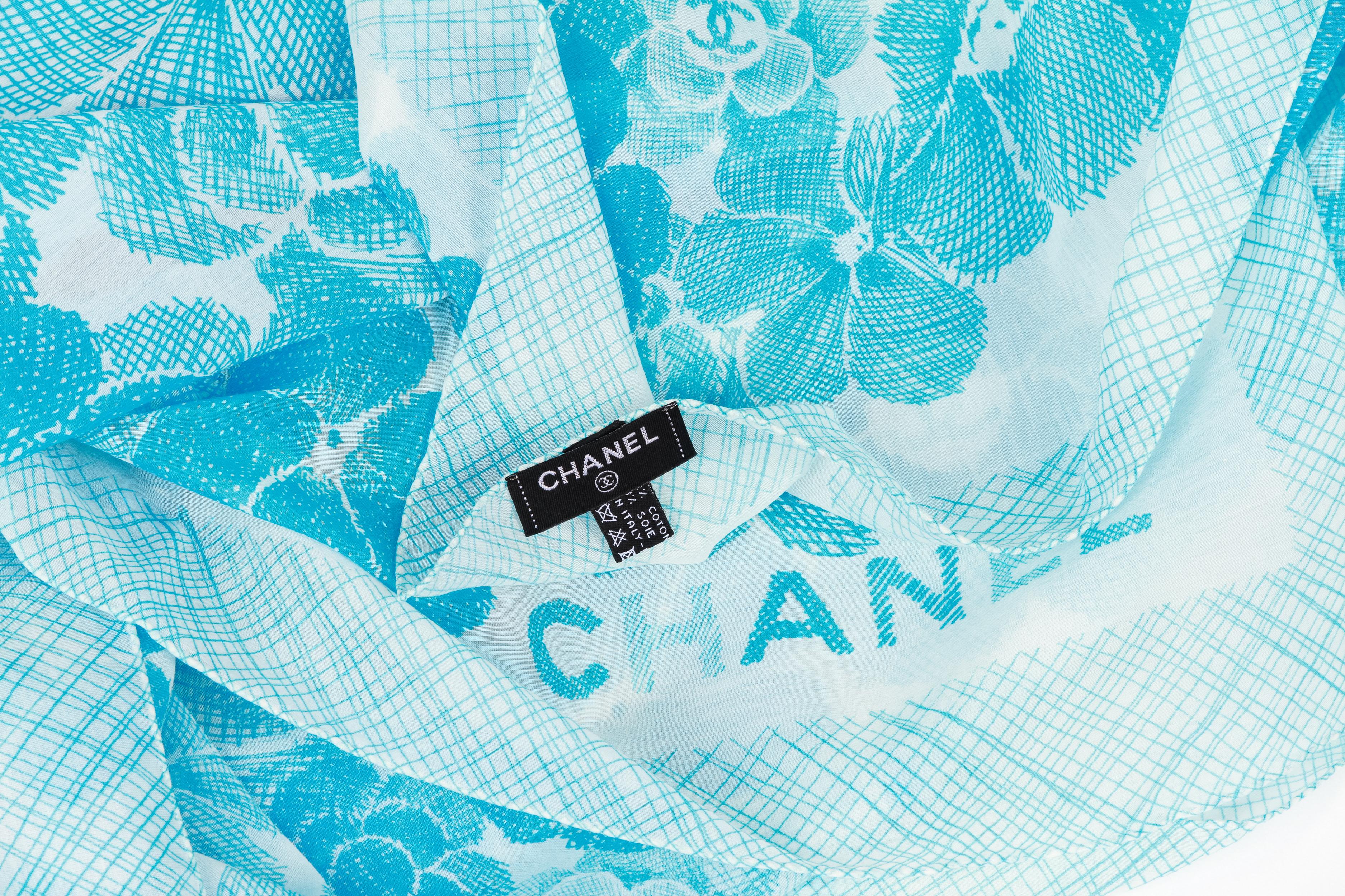 New Chanel Turquoise Cotton Silk Logo Shawl Scarf In New Condition In West Hollywood, CA