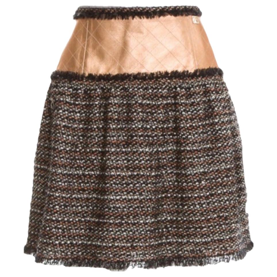 NEW Chanel Fringed Fantasy Tweed & Quilted Leather Cambon Skirt 40