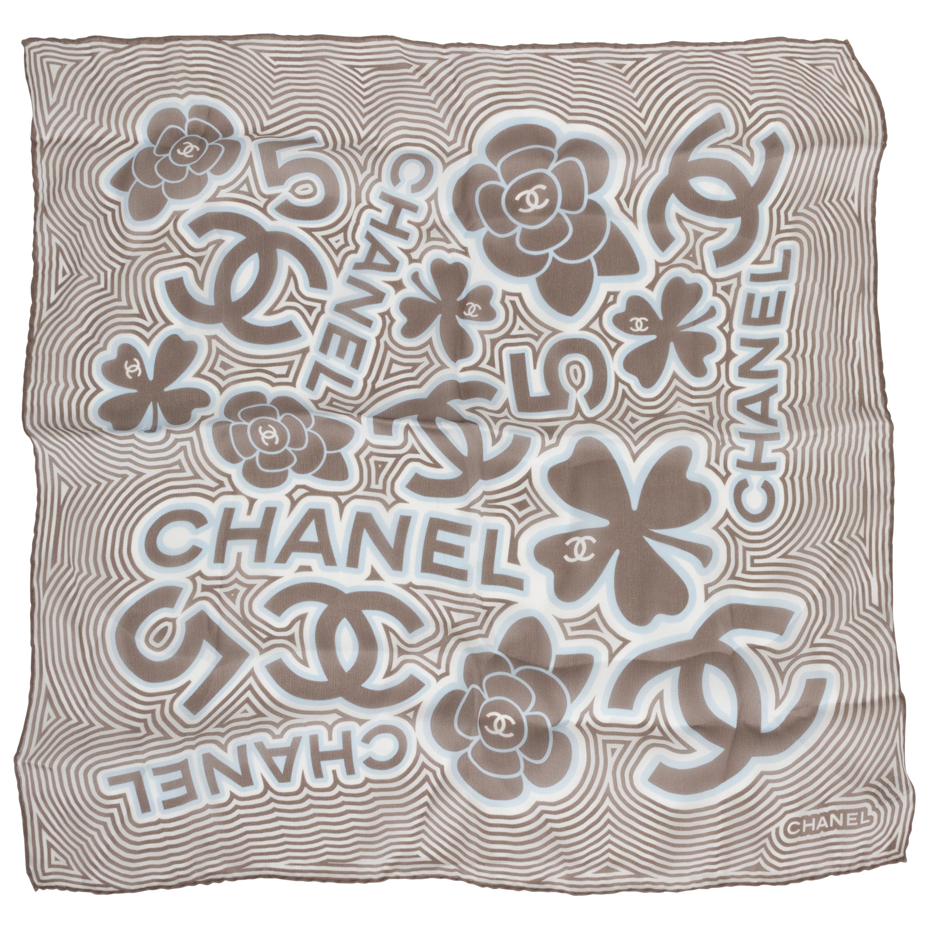 New Chanel White And Etoupe Silk Small Scarf