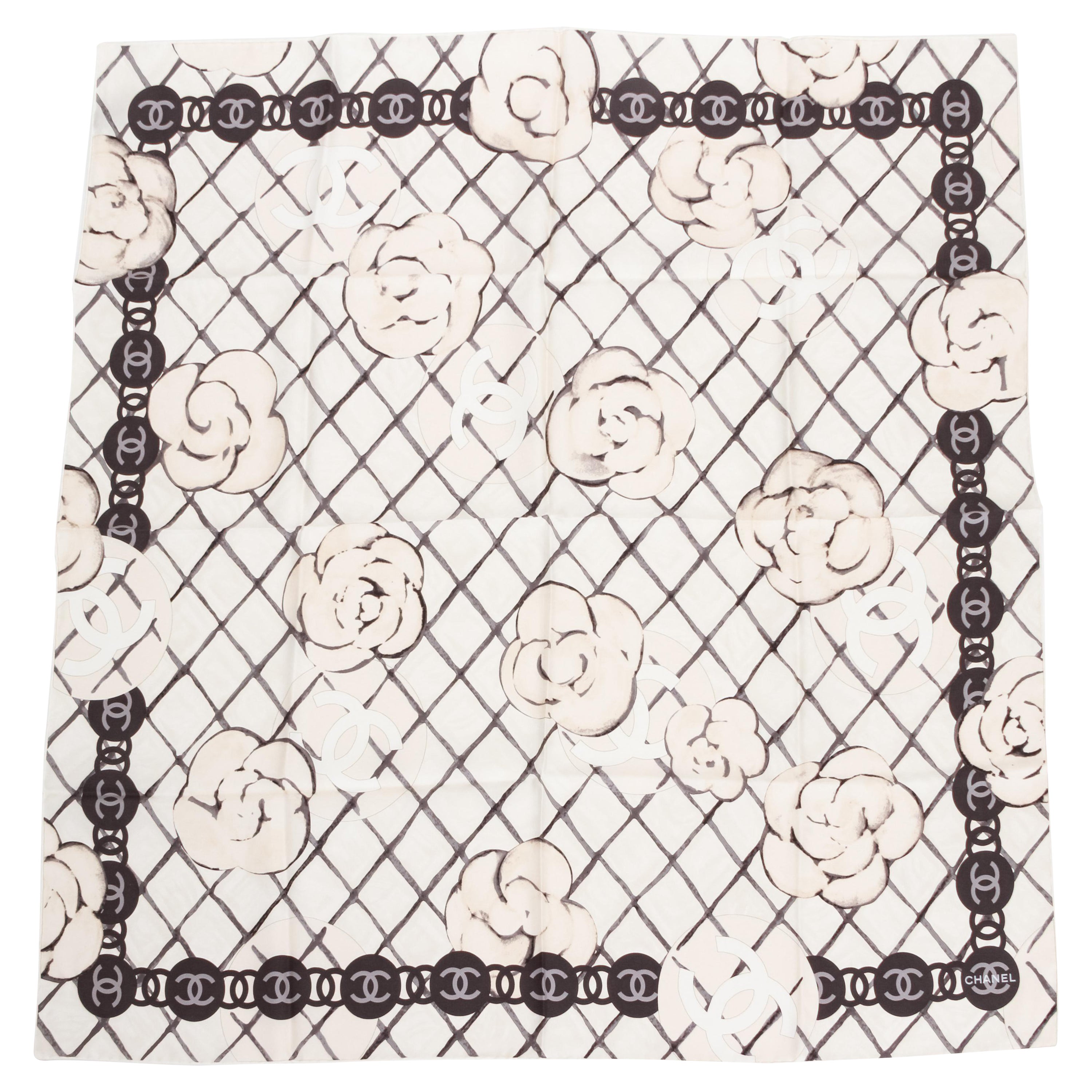 New Chanel White Camellia Silk Scarf For Sale at 1stDibs