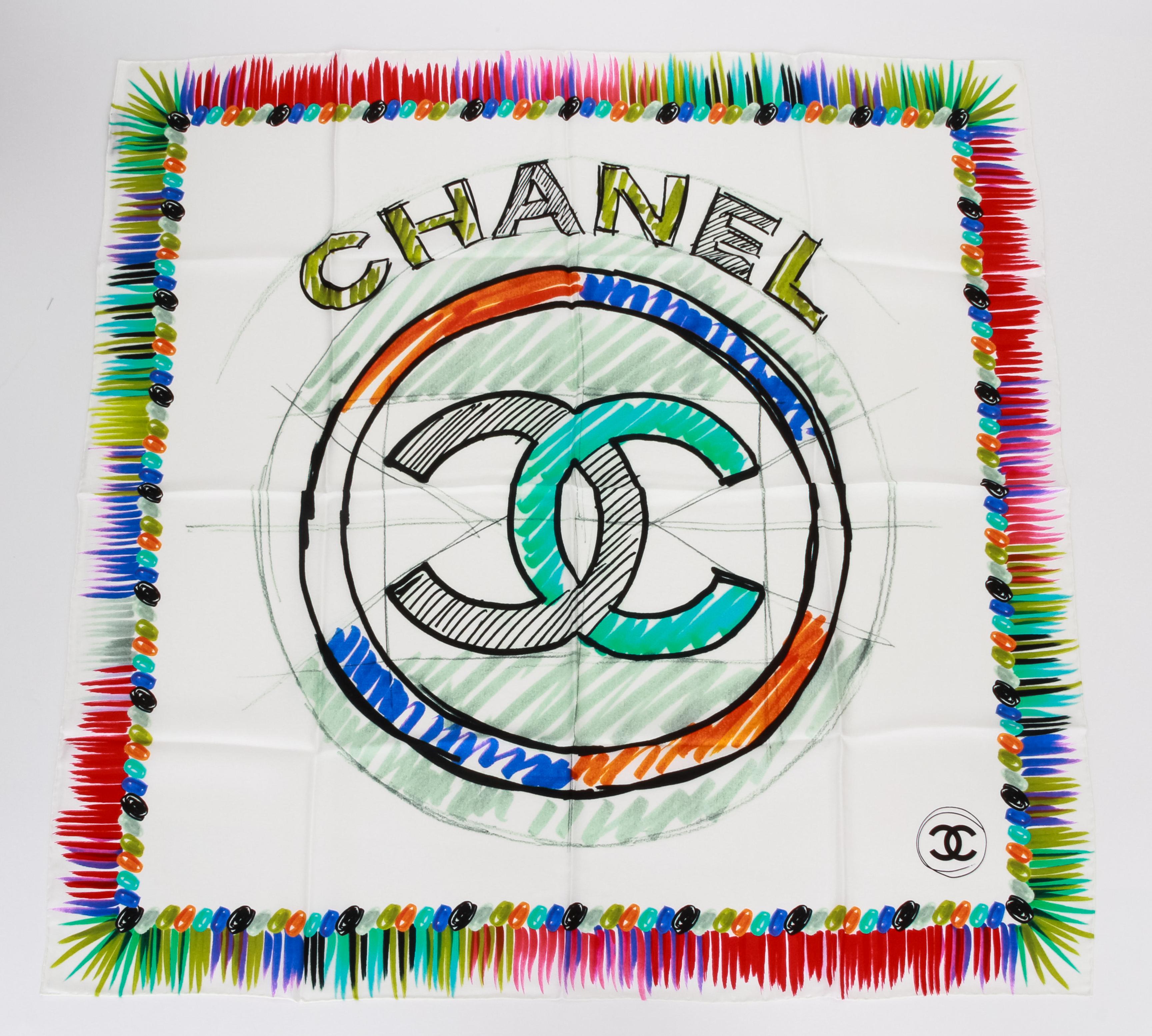 New Chanel White Fringe Paint Stroke Scarf