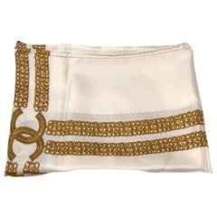 New Chanel White & Gold Silk Scarf 90 x 90 cm 