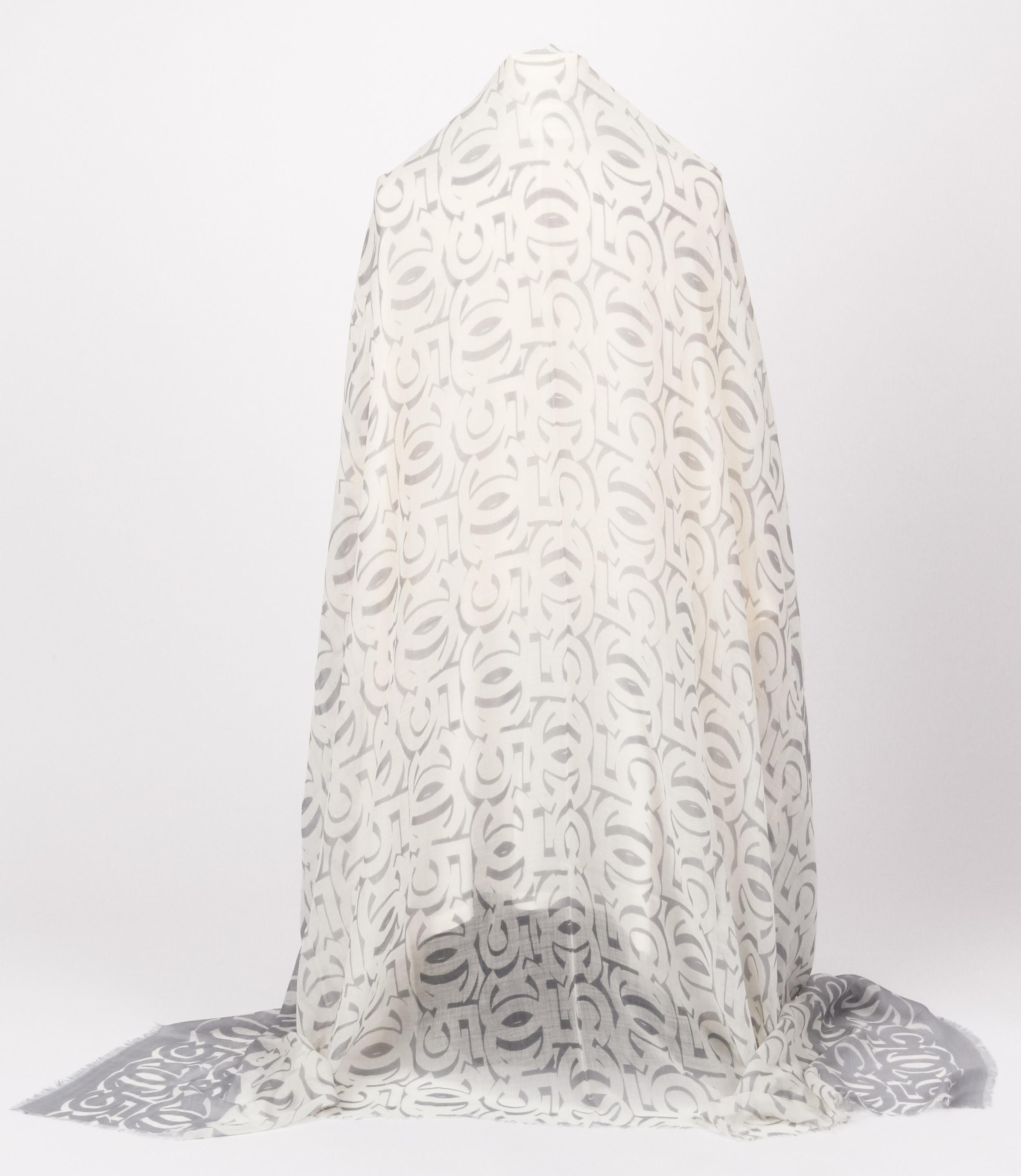 Chanel brand new white and grey logo cc 5 cashmere and silk shawl , 54