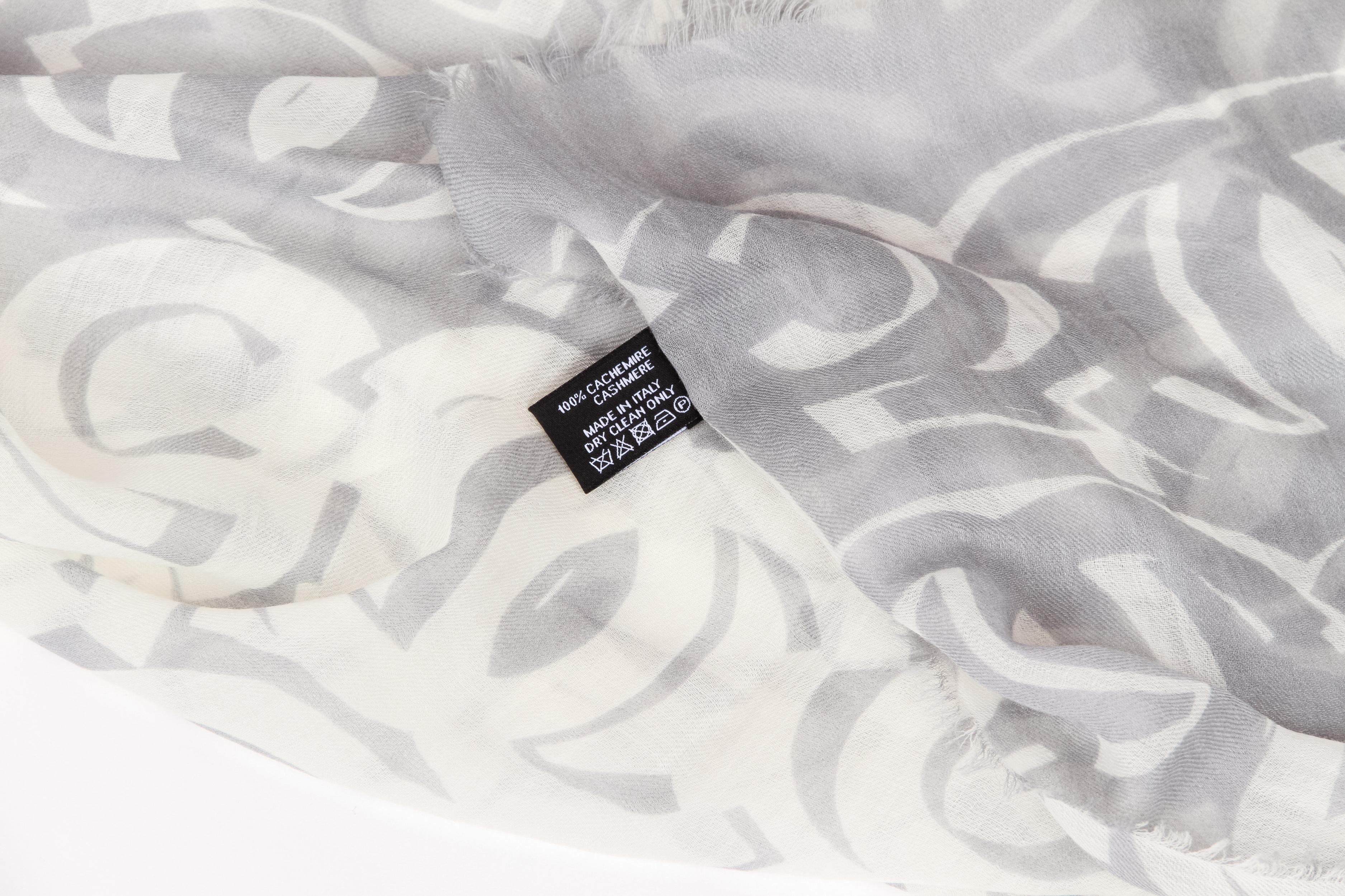 New Chanel White Grey Logo CC Cashmere SIlk Shawl Scarf For Sale 1