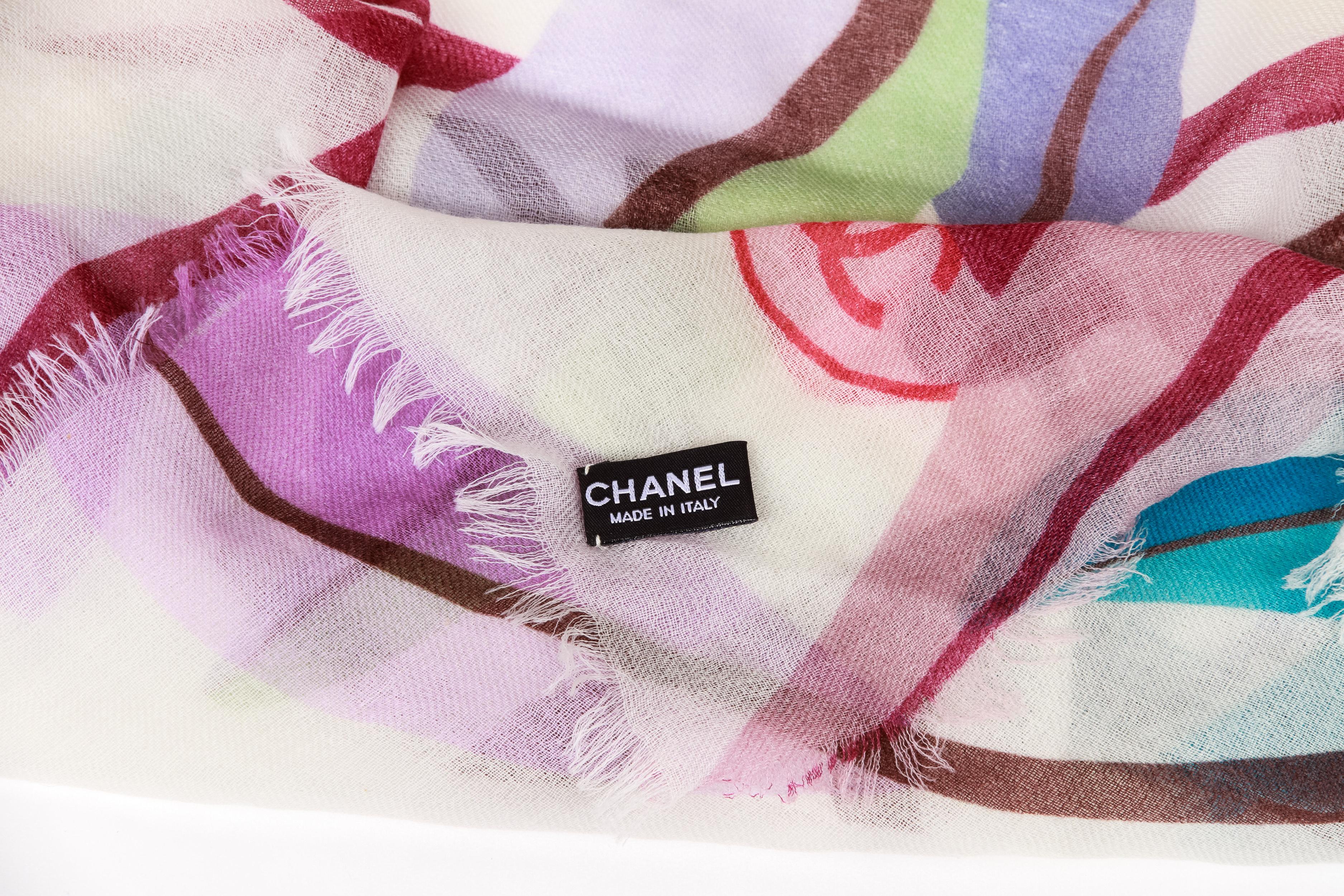 Gray New Chanel White Multicolor Cashmere Silk Leaves Shawl For Sale