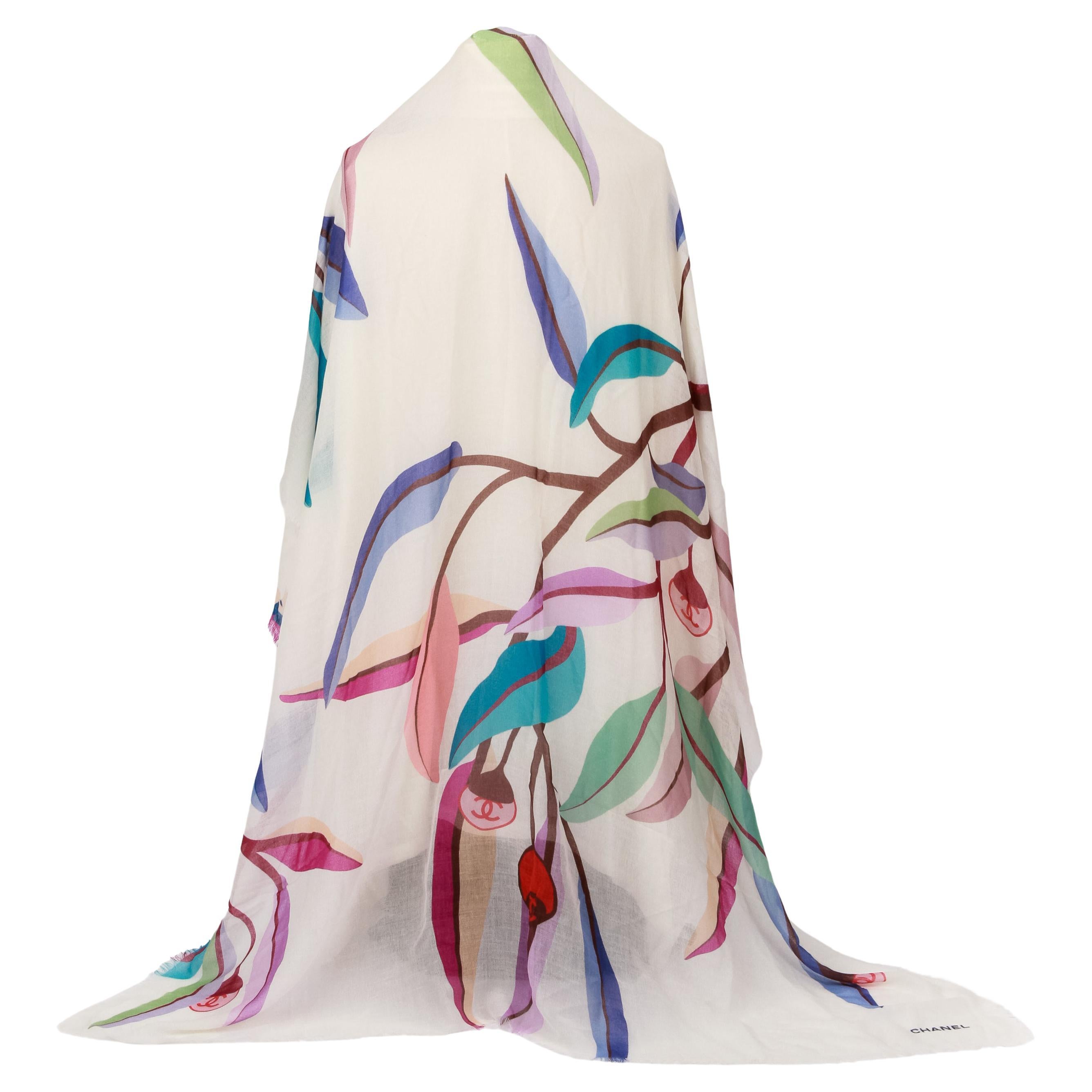 New Chanel White Multicolor Cashmere Silk Leaves Shawl For Sale