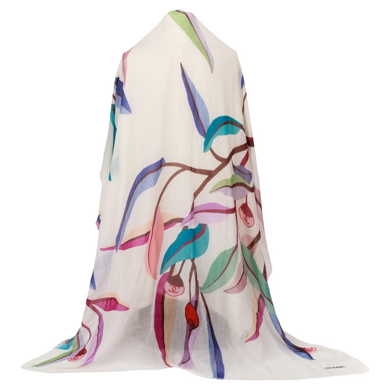 New Chanel White Multicolor Cashmere Silk Leaves Shawl For Sale at 1stDibs
