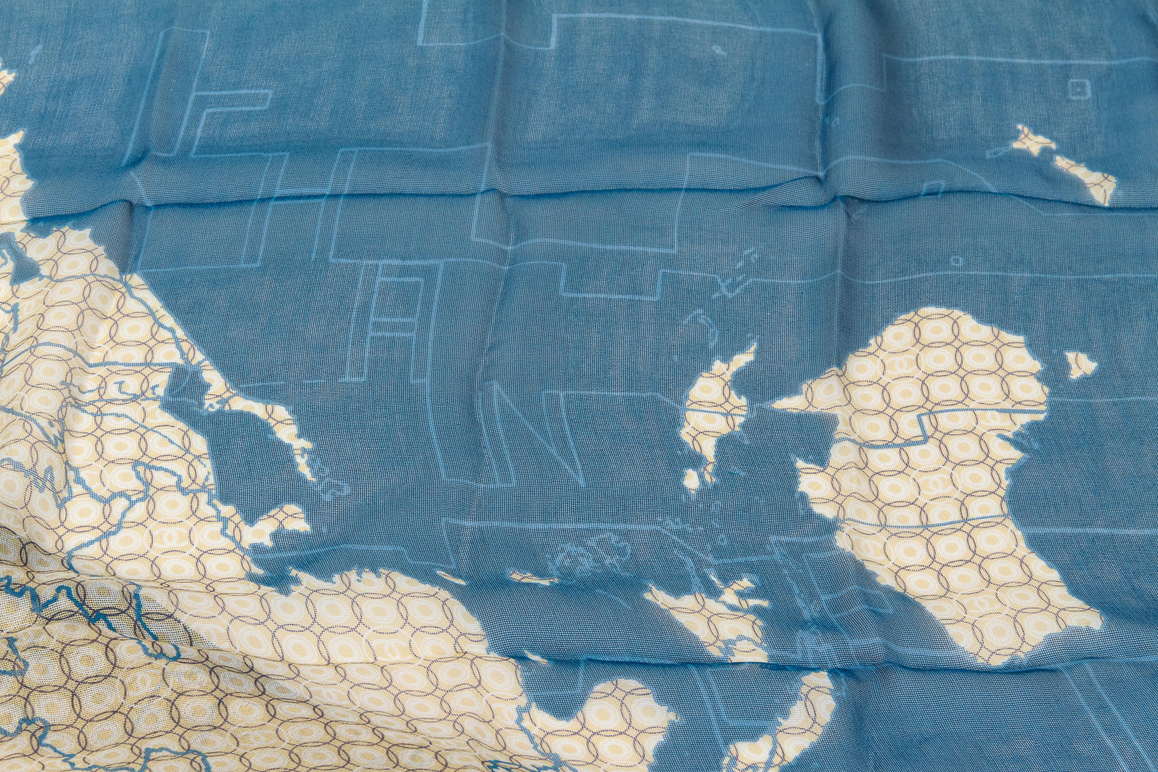 Women's New Chanel World Map Blue Silk Scarf