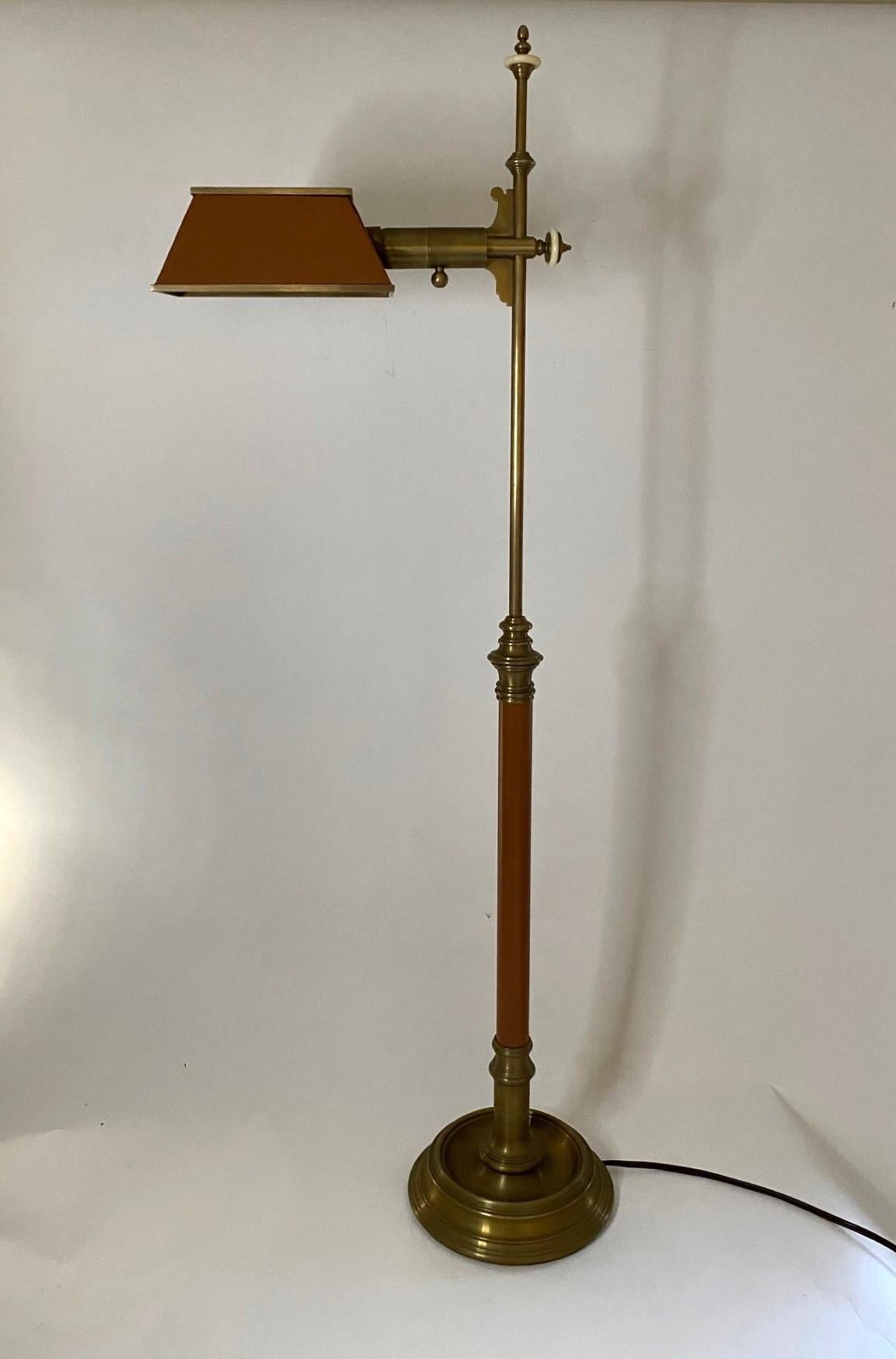 Wonderful New Chapman Solid Brass & Havana Leather Floor Lamp with Tilt Shade and Dimmer Switch. 