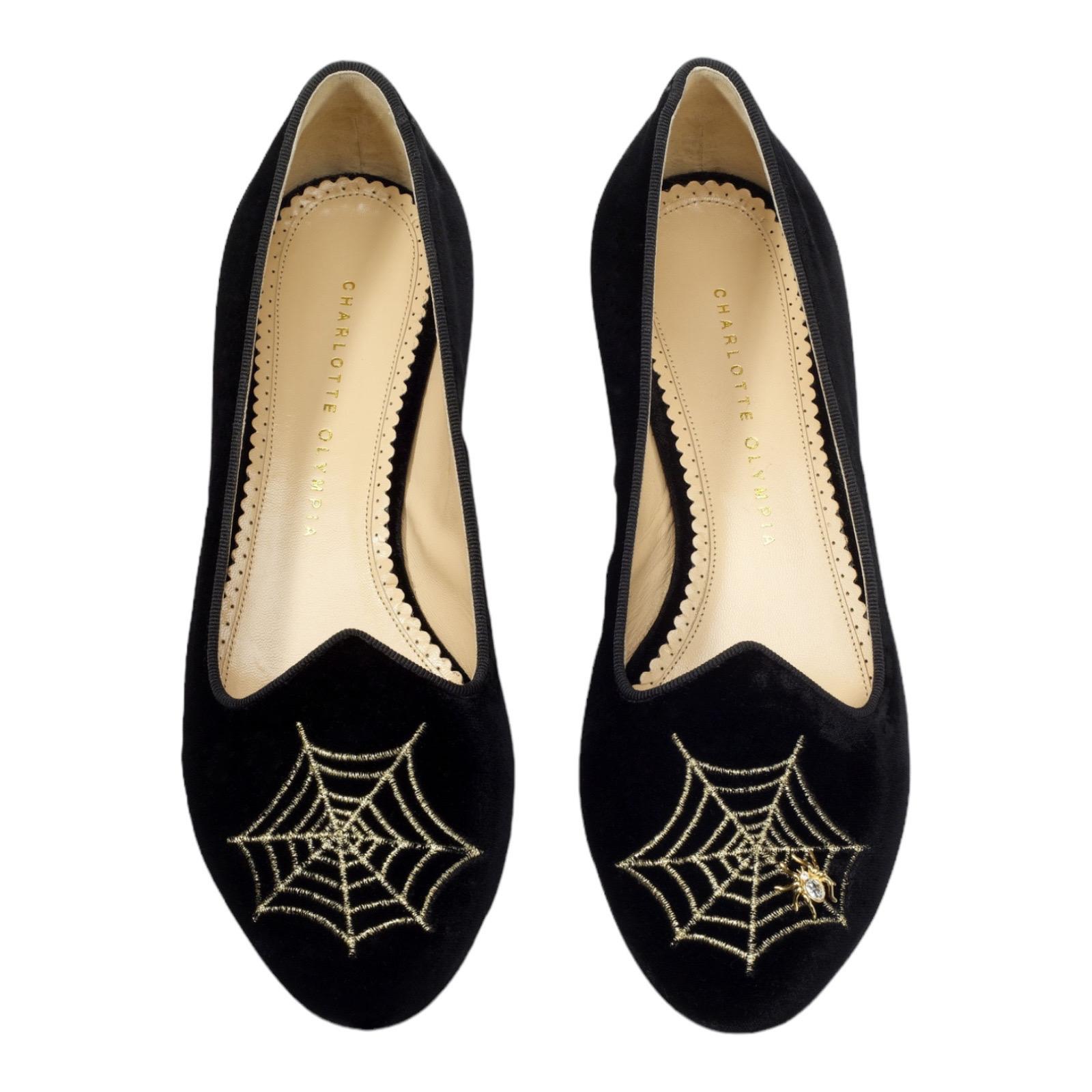 NEW Charlotte Olympia Black Velvet Spider Cobb Loafers Slippers 38 For Sale 1