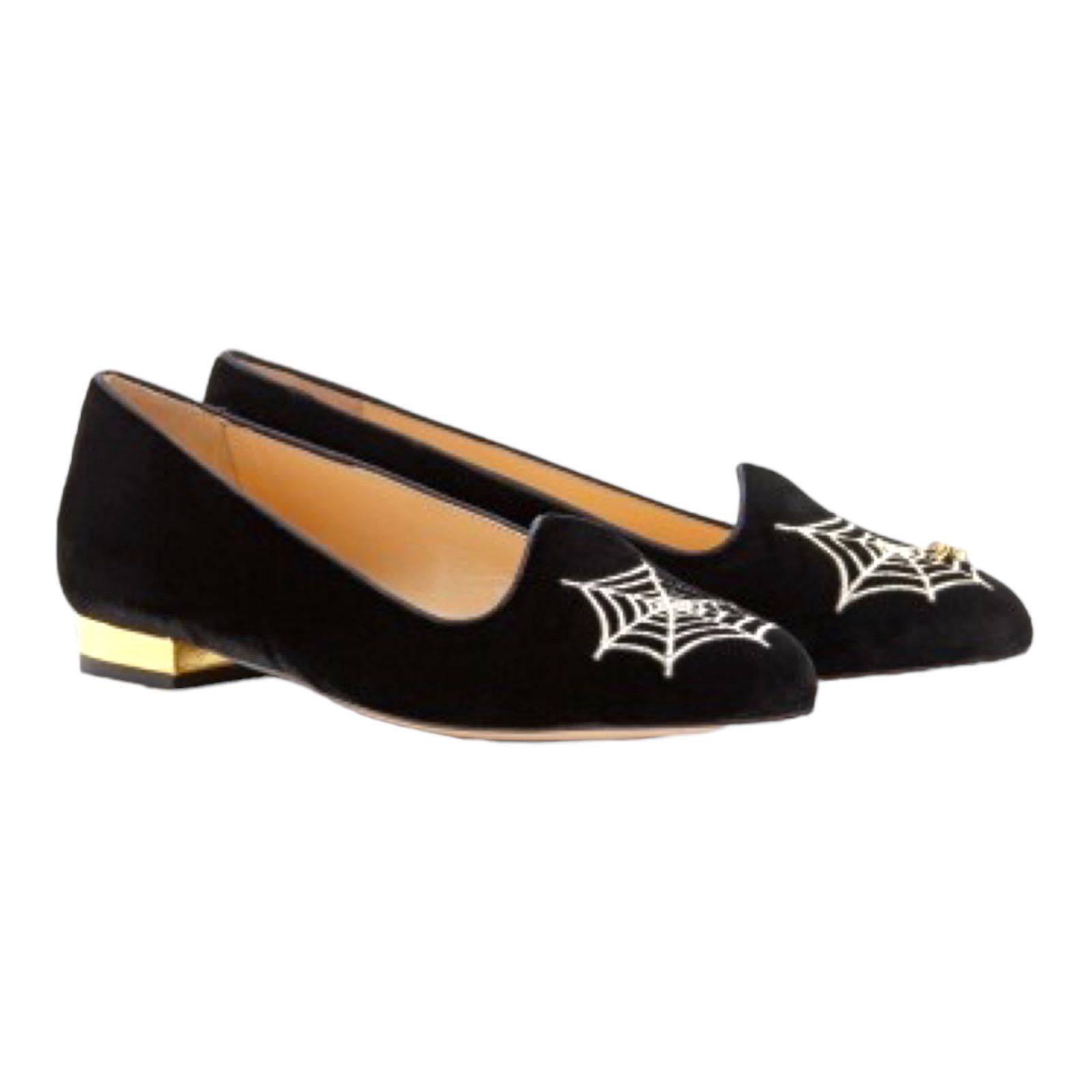 NEW Charlotte Olympia Black Velvet Spider Cobb Loafers Slippers 38 en vente 3