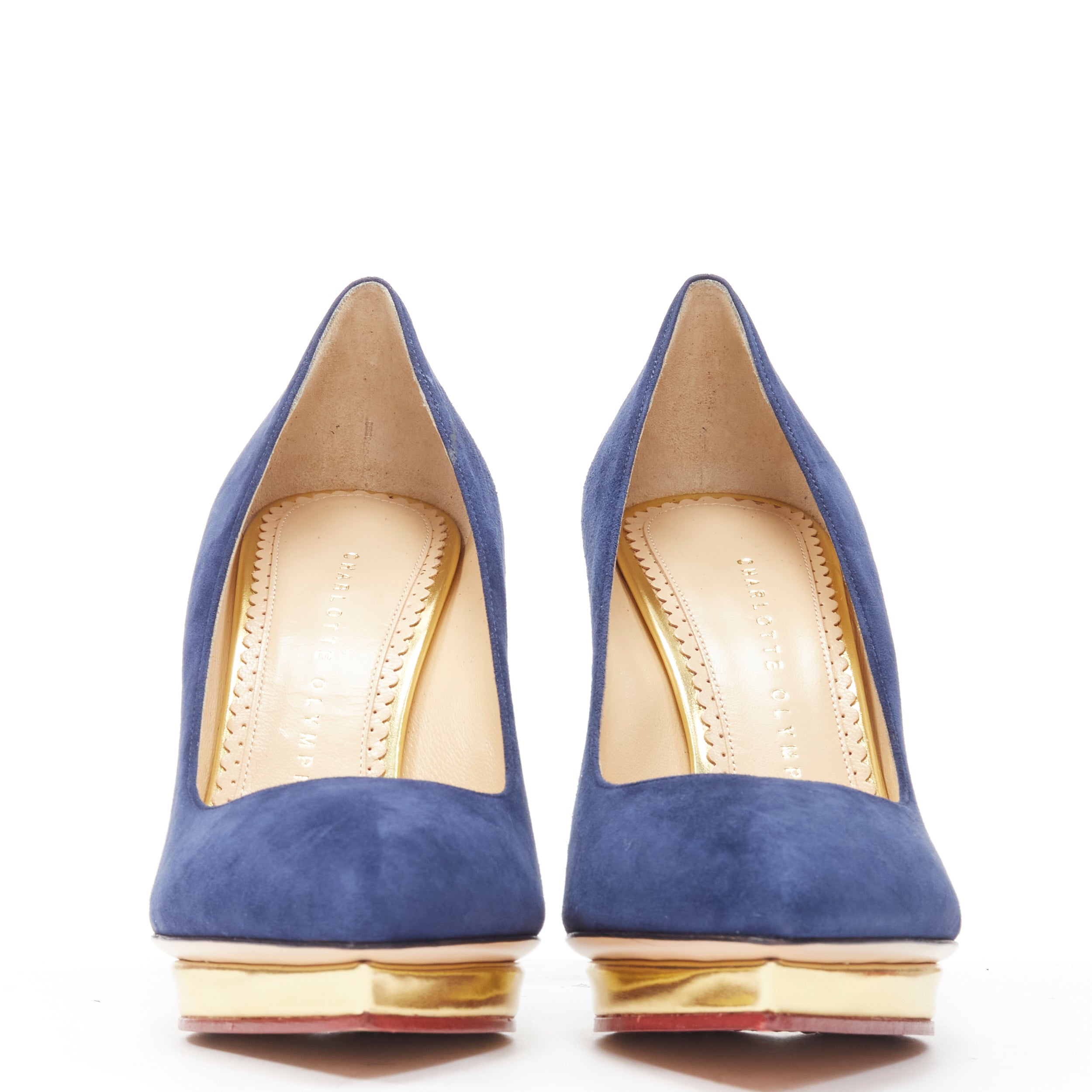 new CHARLOTTE OLYMPIA Debbie navy blue suede gold heart platform pump EU37.5 Reference: MELK/A00212 
Brand: Charlotte Olympia 
Model: Debbie 
Material: Suede 
Color: Navy 
Pattern: Solid 
Extra Detail: Heart shaped platform sole. 
Made in: Italy