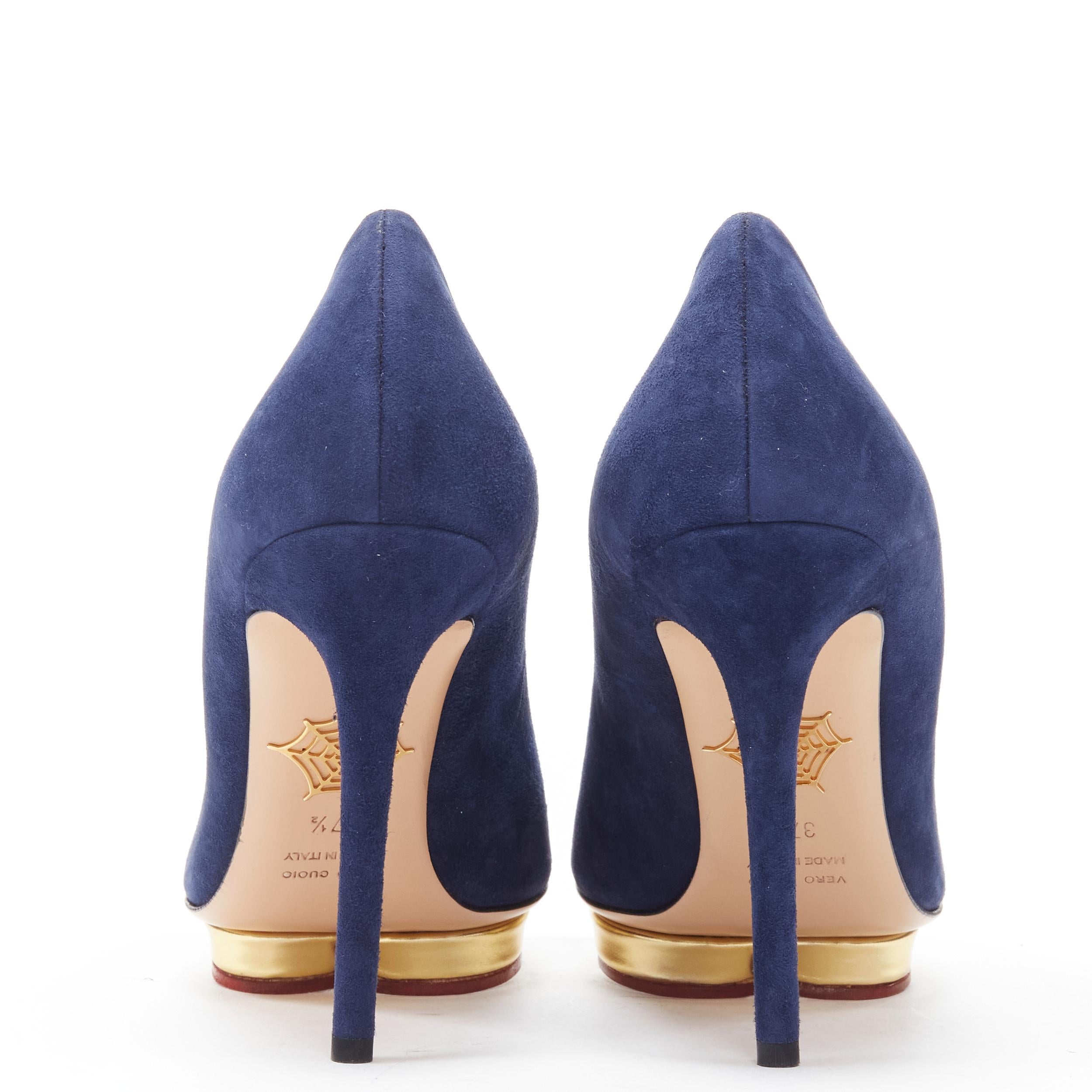 Gray new CHARLOTTE OLYMPIA Debbie navy blue suede gold heart platform pump EU37.5