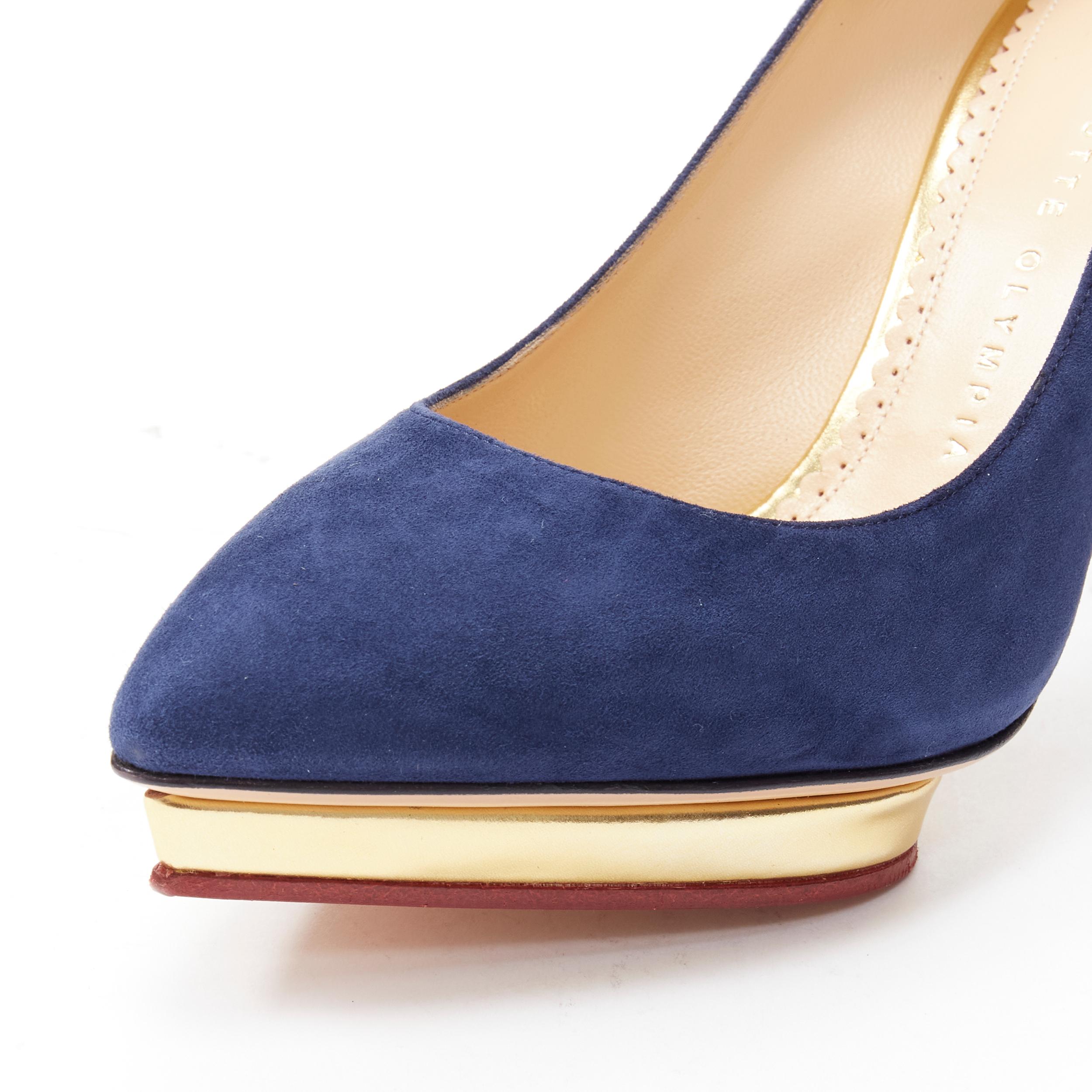 Women's new CHARLOTTE OLYMPIA Debbie navy blue suede gold heart platform pump EU37.5