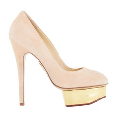 new CHARLOTTE OLYMPIA Dolly nude suede leather gold platform pumps heels EU37