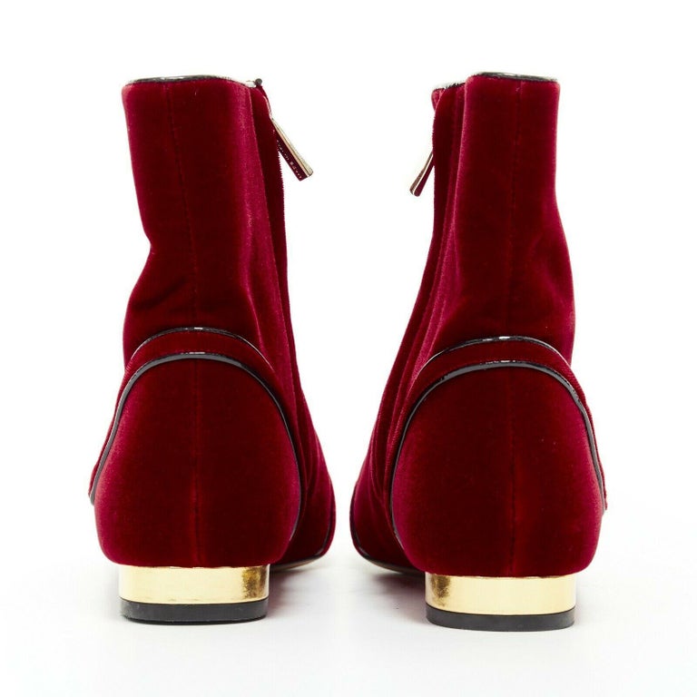new CHARLOTTE OLYMPIA red Velvet Puss kitty embroidery flat ankle boot ...