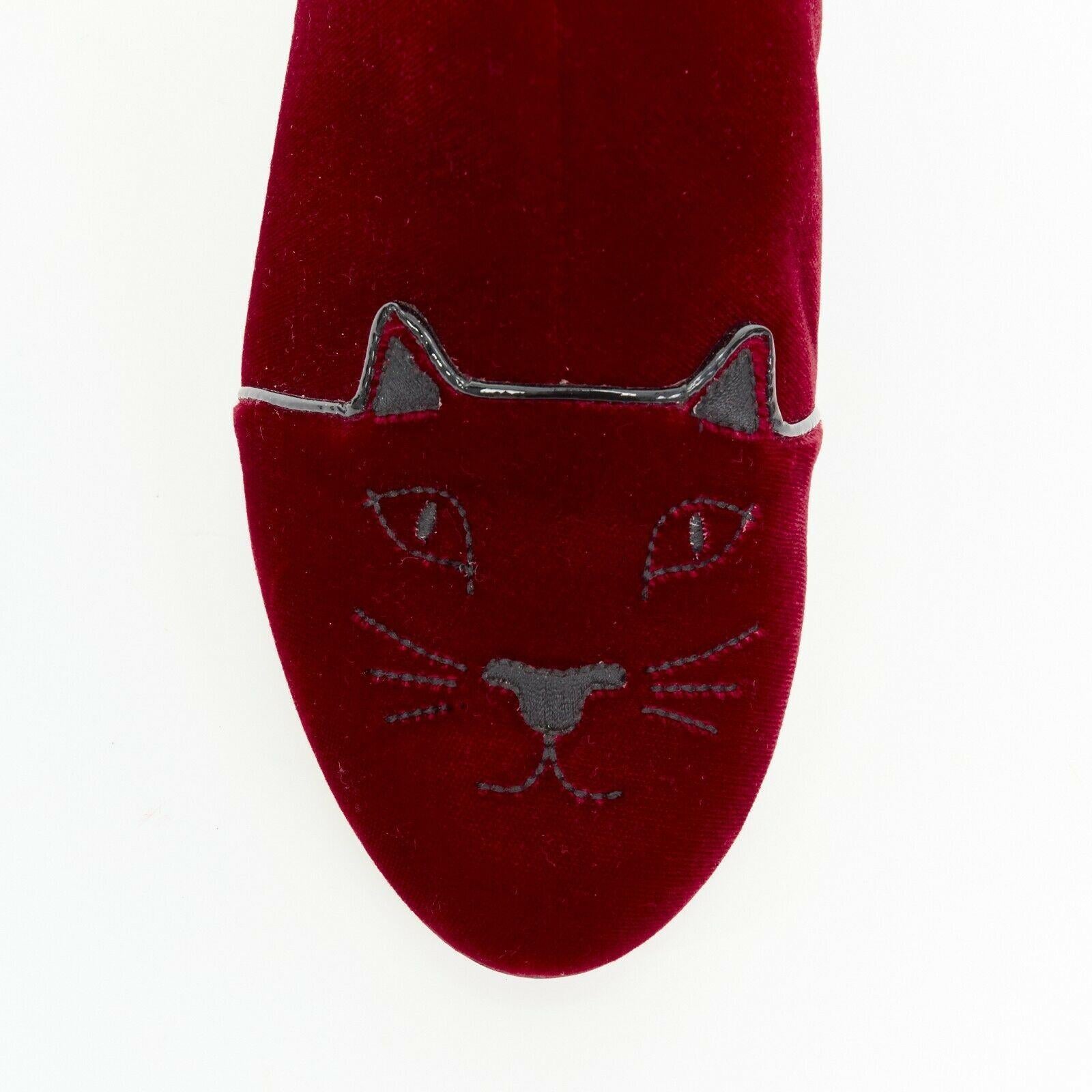 Women's new CHARLOTTE OLYMPIA red Velvet Puss kitty embroidery flat ankle boot EU37.5