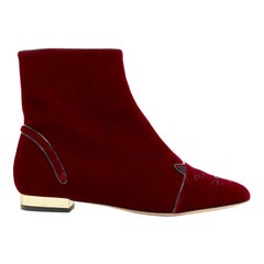new CHARLOTTE OLYMPIA red Velvet Puss kitty embroidery flat ankle boot EU37.5