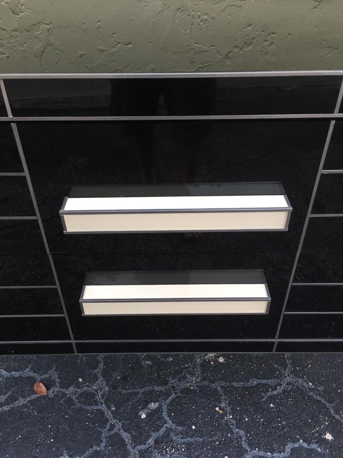 Spanish New Chest of Drawers in Black Mirror and Aluminium with White Glass Handle